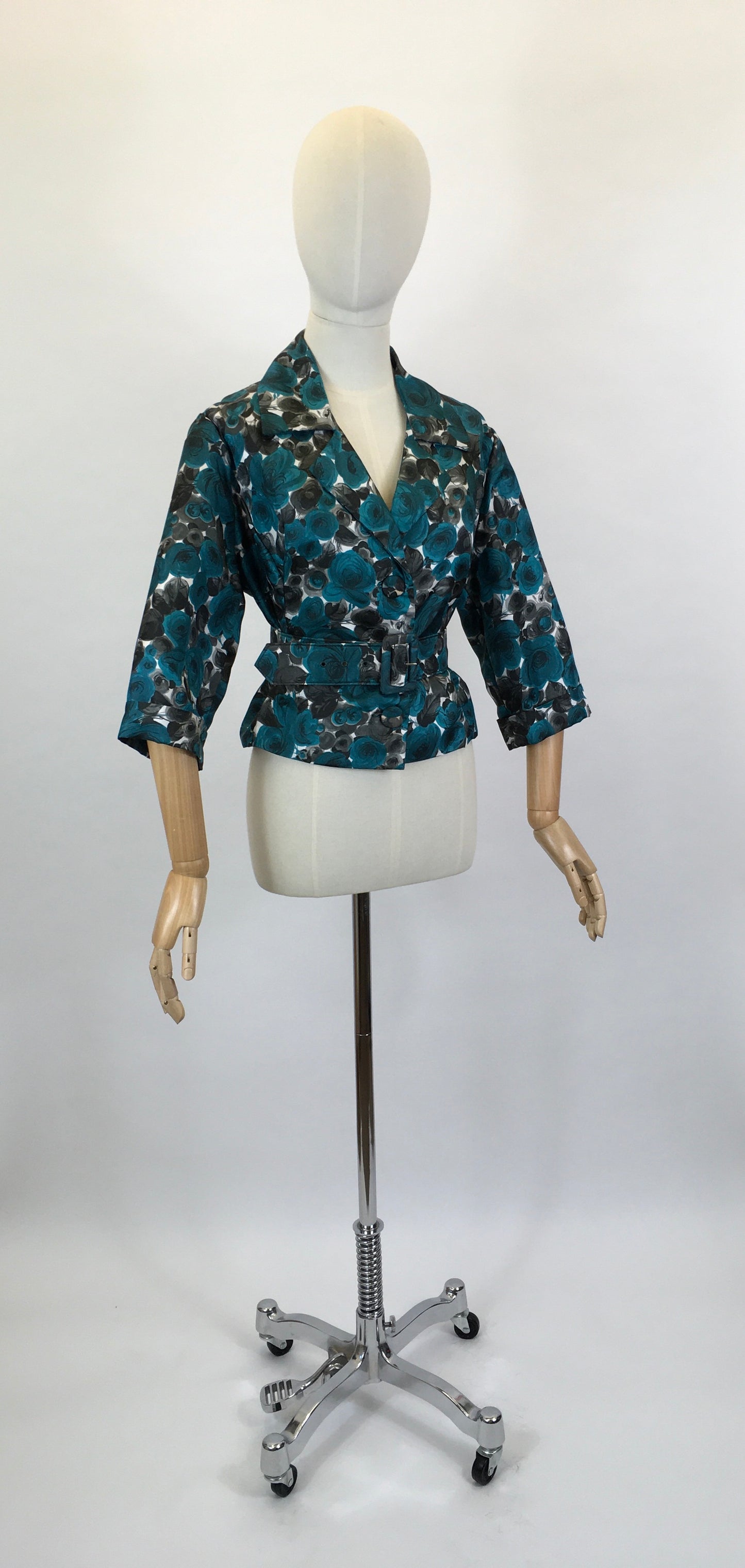 Original 1950’s Floral Jacket & Belt Set - In A Bright Turquoise, White and Charcoal