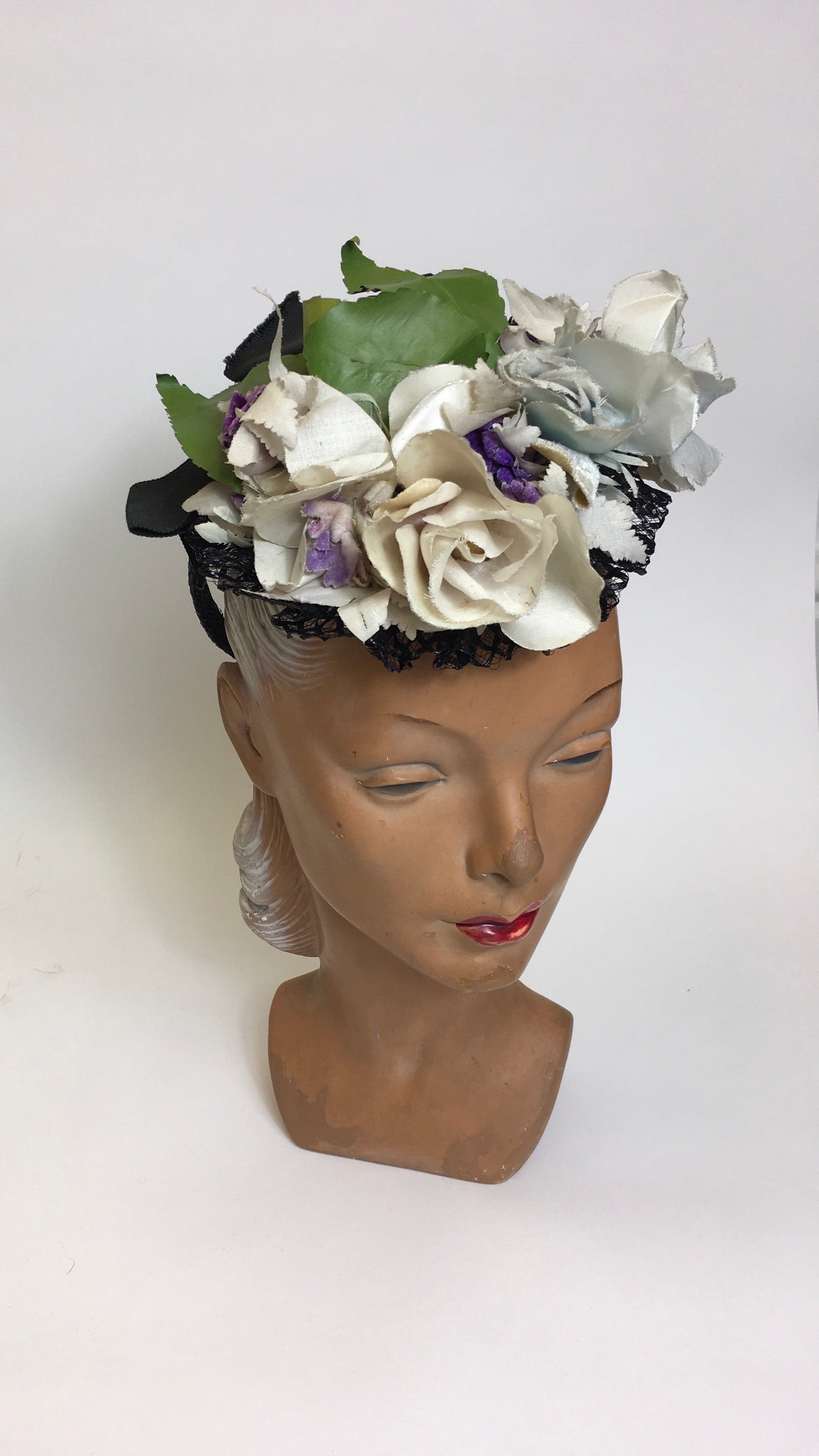 Original 1940’s Floral Tilt Hat - Beautiful Floral Adornments in Powder Blues , Purples & Ivory