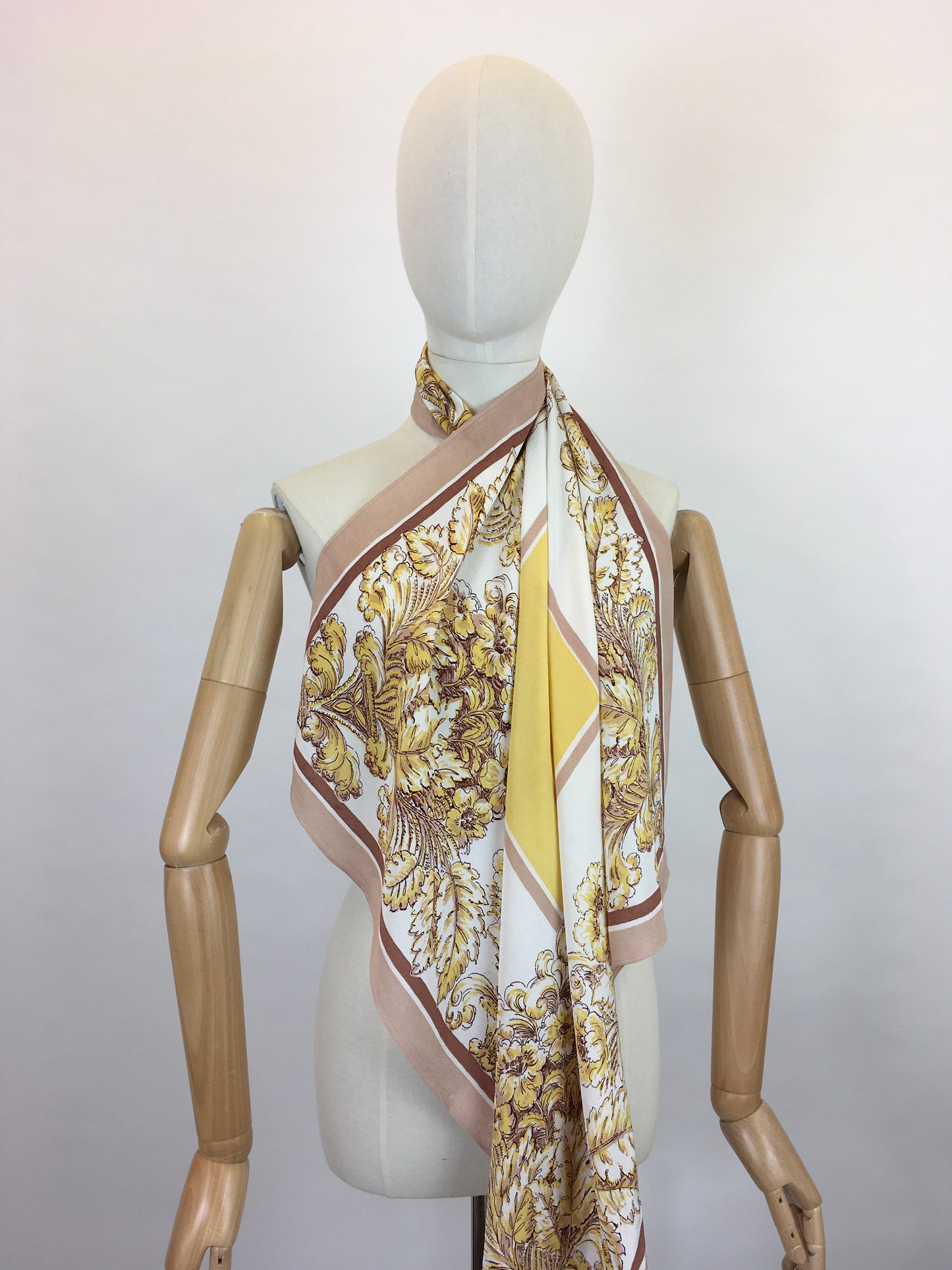 Original 1940s Fine Crepe Scarf - In A Beautiful Floral In Soft Yellows, Fawns, Warm Brown and Creams