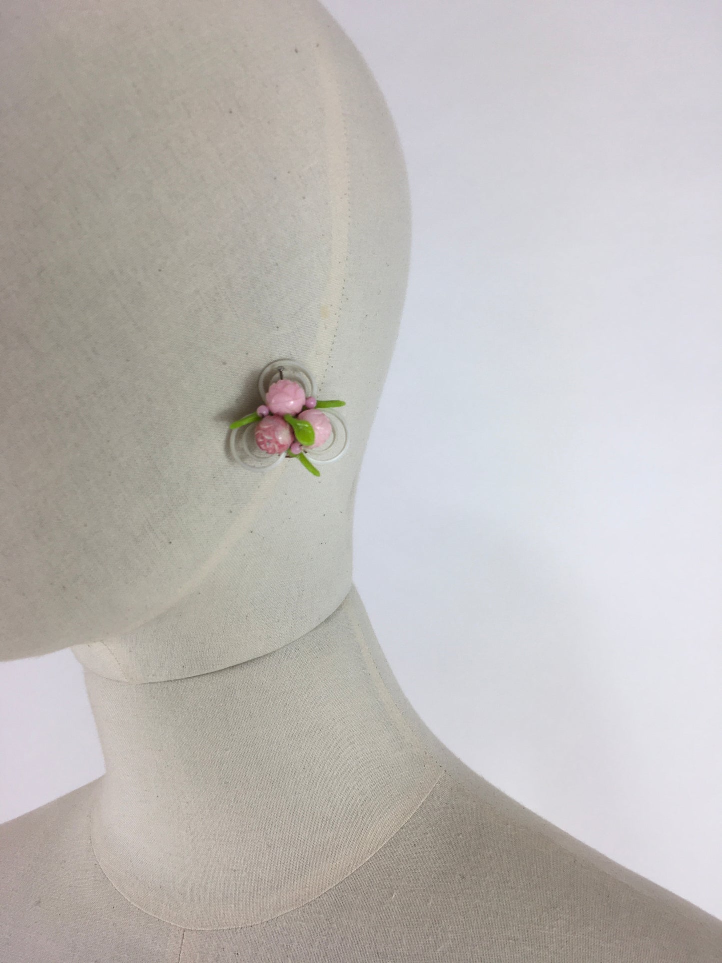 Original 1950s Clip on Earrings - In a Fabulously Fun Petal Design with Rosebuds in Pink, White and Green
