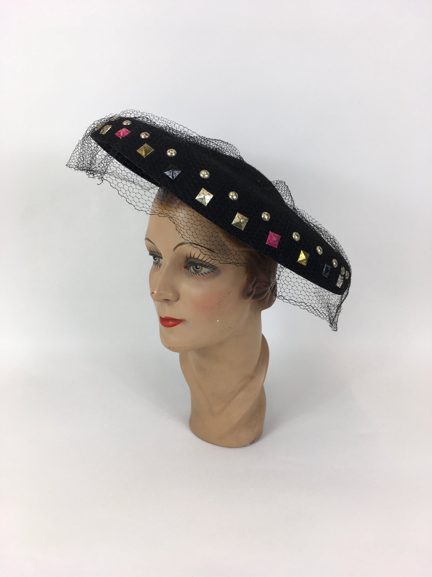 Original 1940’s SHOWSTOPPING Black Platter Hat - With Coloured Stud Work Detailing & Veiling