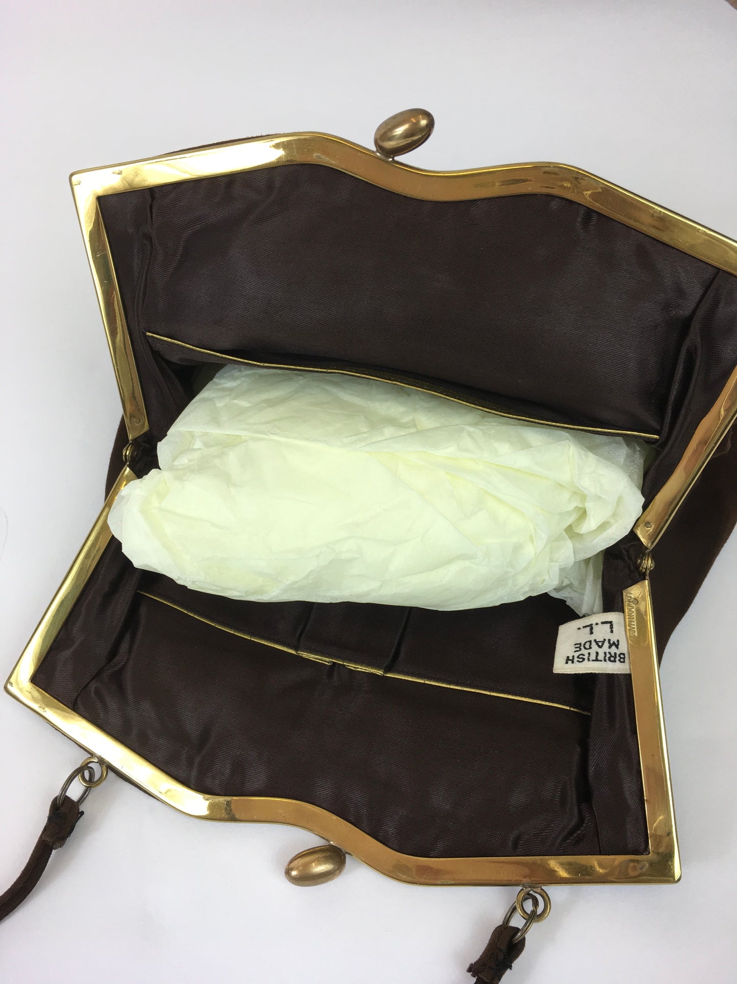 Original 1930s Darling Suede Handbag In Brown - Pleated Detailing To The Front