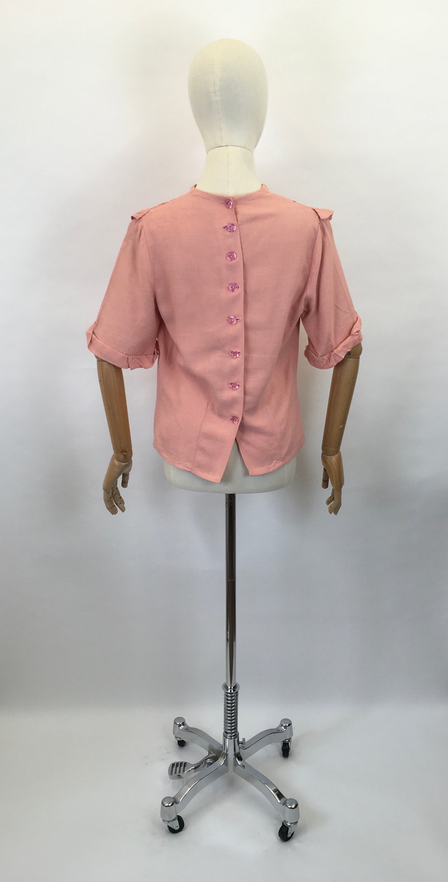 Original 1940s Linen Blouse - In A Beautiful Rose Pink with Floral Embroidery and Pleated Edge