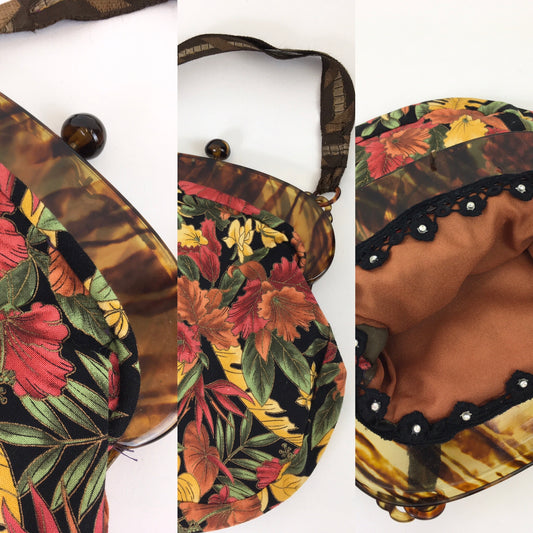 Original late 1920’s Handbag - Faux Tortoiseshell Clasp and Autumnal Brights Fabric