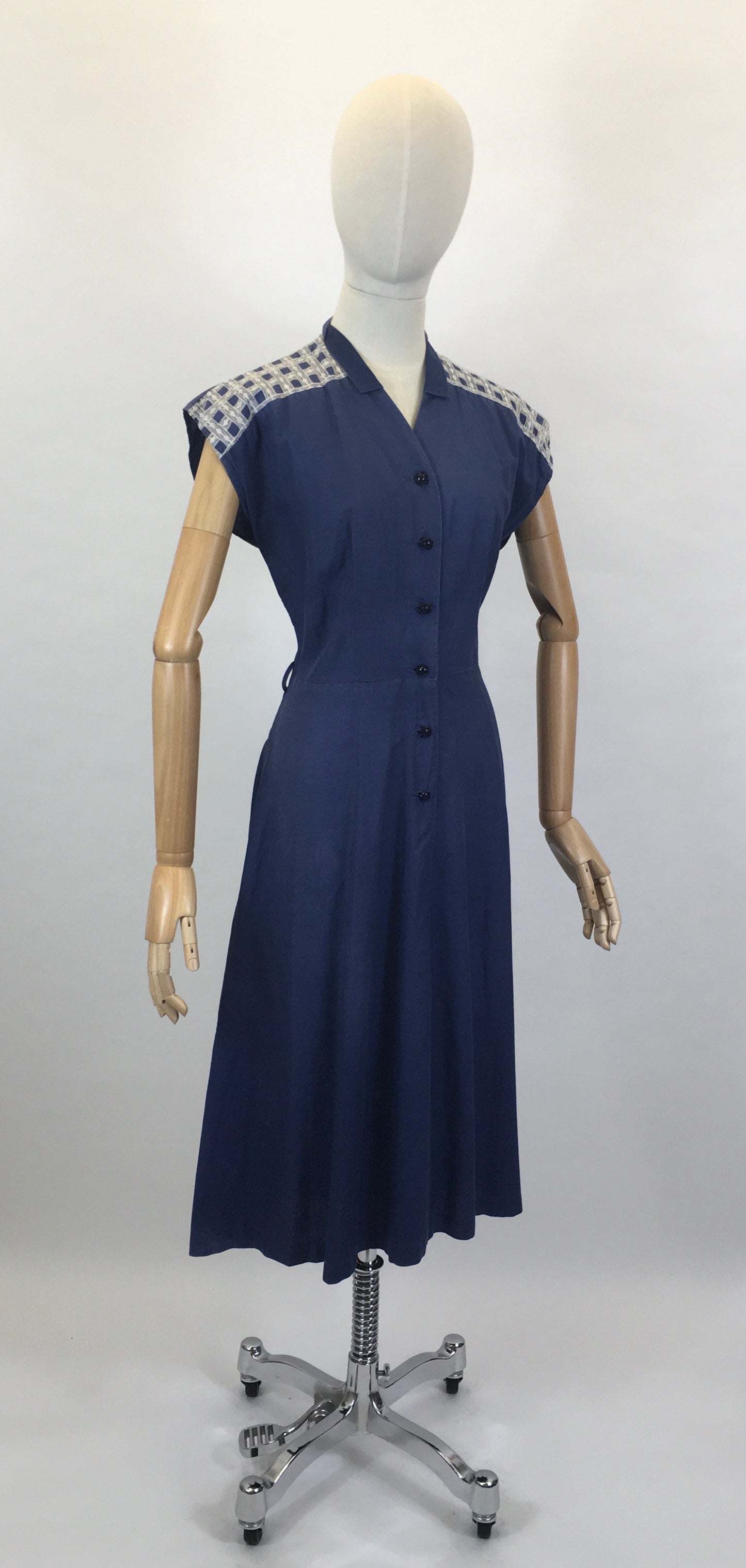 Original Early 1950’s Navy Cotton Dress - With Embroidered Detailing To The Shoulders