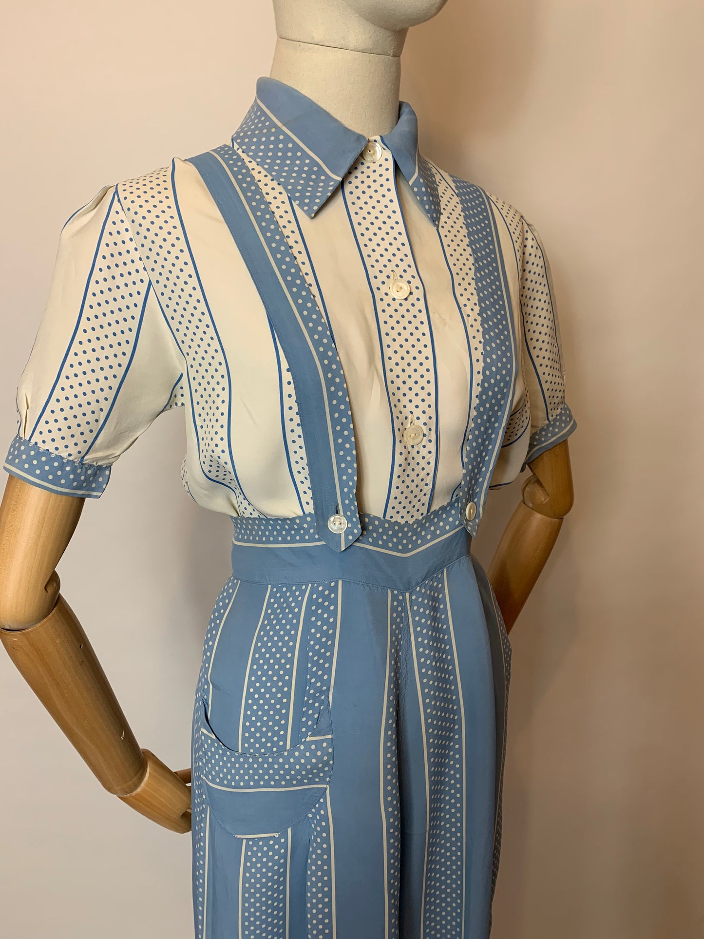 Original 1940’s 2 pc Blouse & Dungaree Set - In the Most Summery Of Colour Pallets with Polka Dots