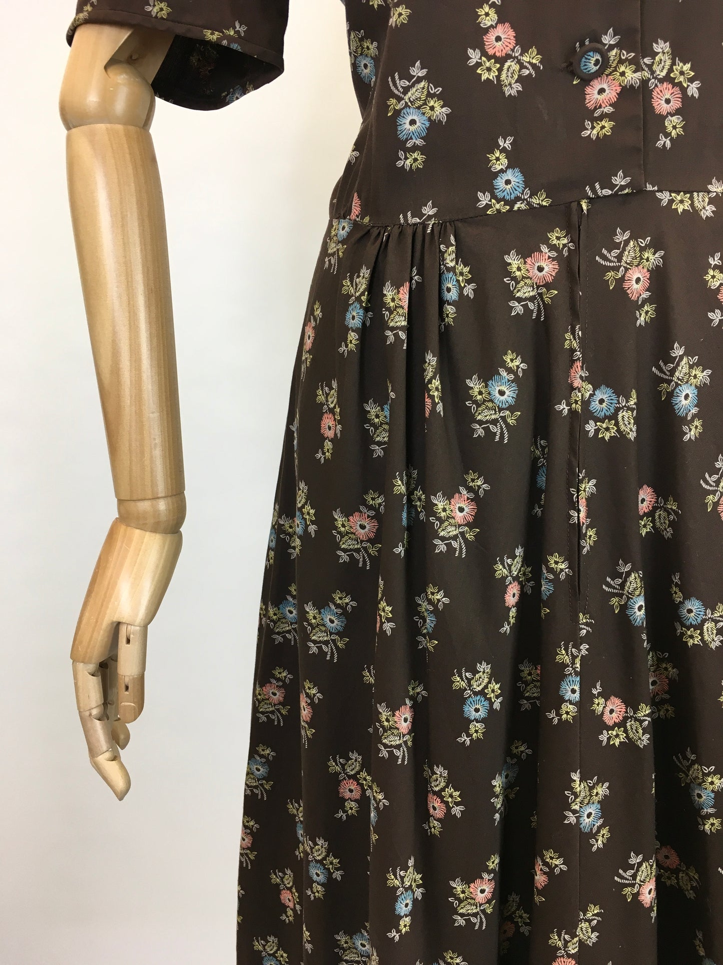 Original 1950’s Cute Floral Handmade Dress - Lovely Warm Brown, Terracotta, Blue and Greens