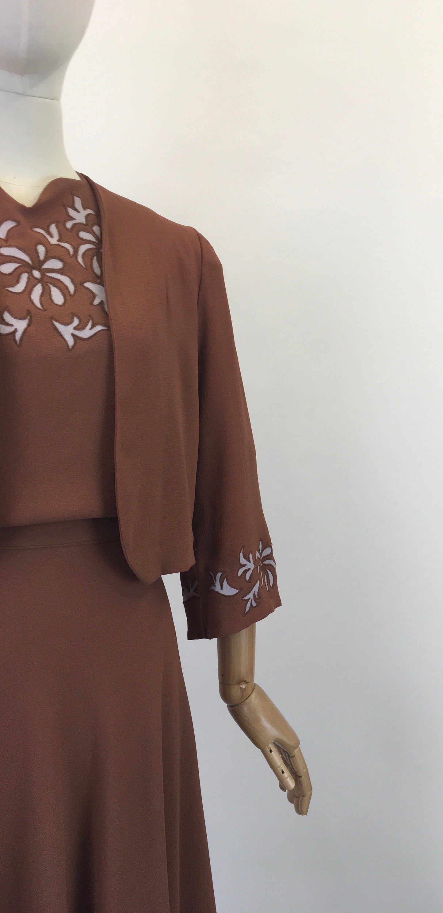 Original 1940's Darling 2Pc Dress & Bolero Set - In A Soft Brown With Grey Accents