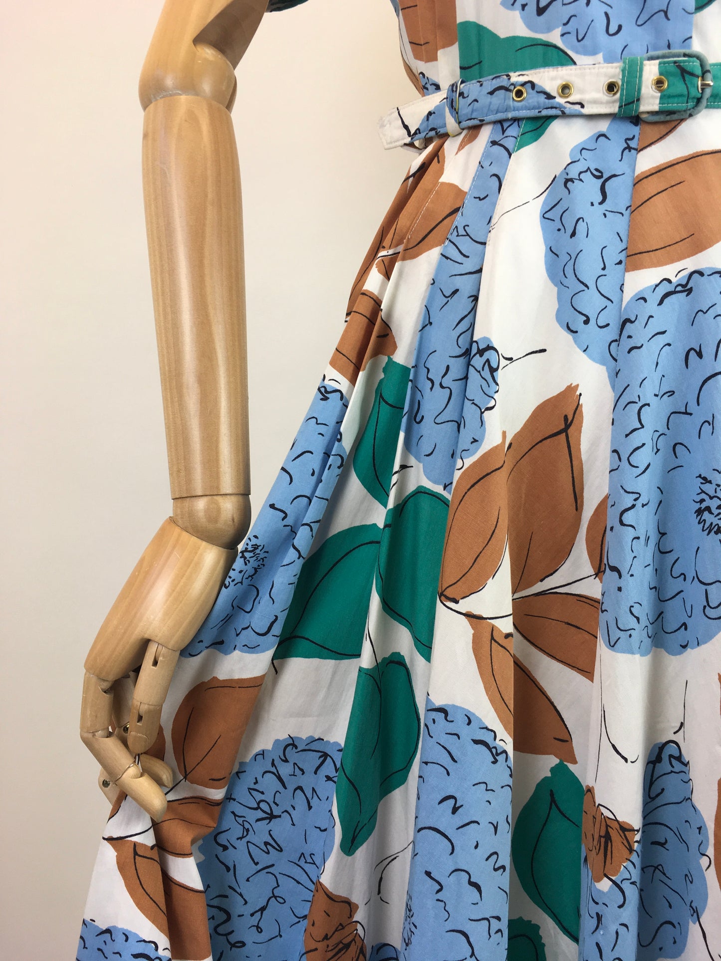 Original Late 1940’s Floral Cotton Day Dress - In Airforce Blue, Caramel Brown, Emerald on Crisp Off White