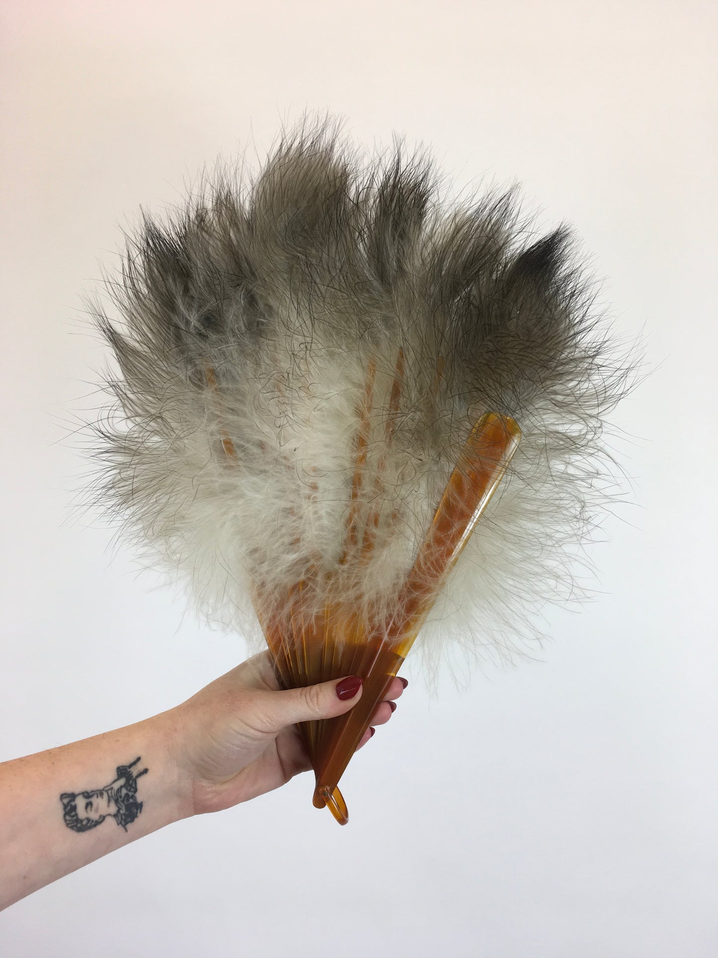 Original 1930's Amazing Feather Fan - With 20 Guards and Sticks in Amber Coloured Early Plastic