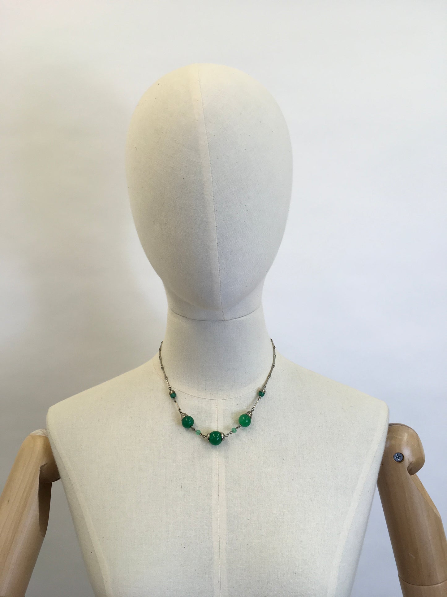 Original 1930’s Necklace - With Bottle  Green Glass Beads