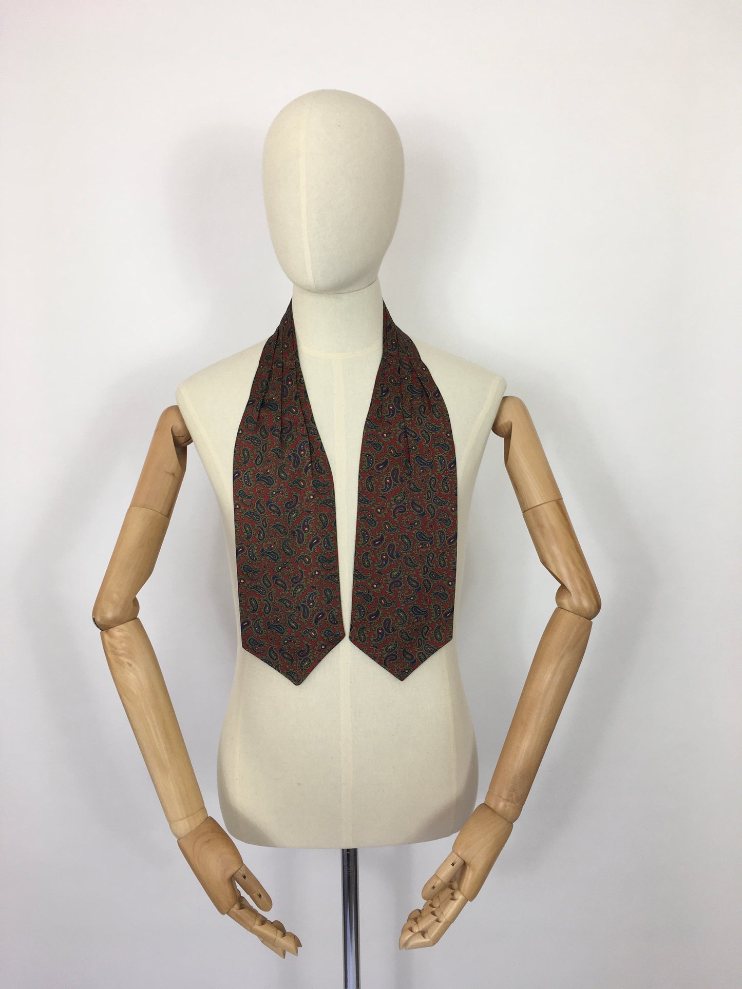 Original 1950’s Mens Silk  ‘ Sammy ‘ Label Cravat - In a Paisley Print featuring burgundy, blue, green and yellow
