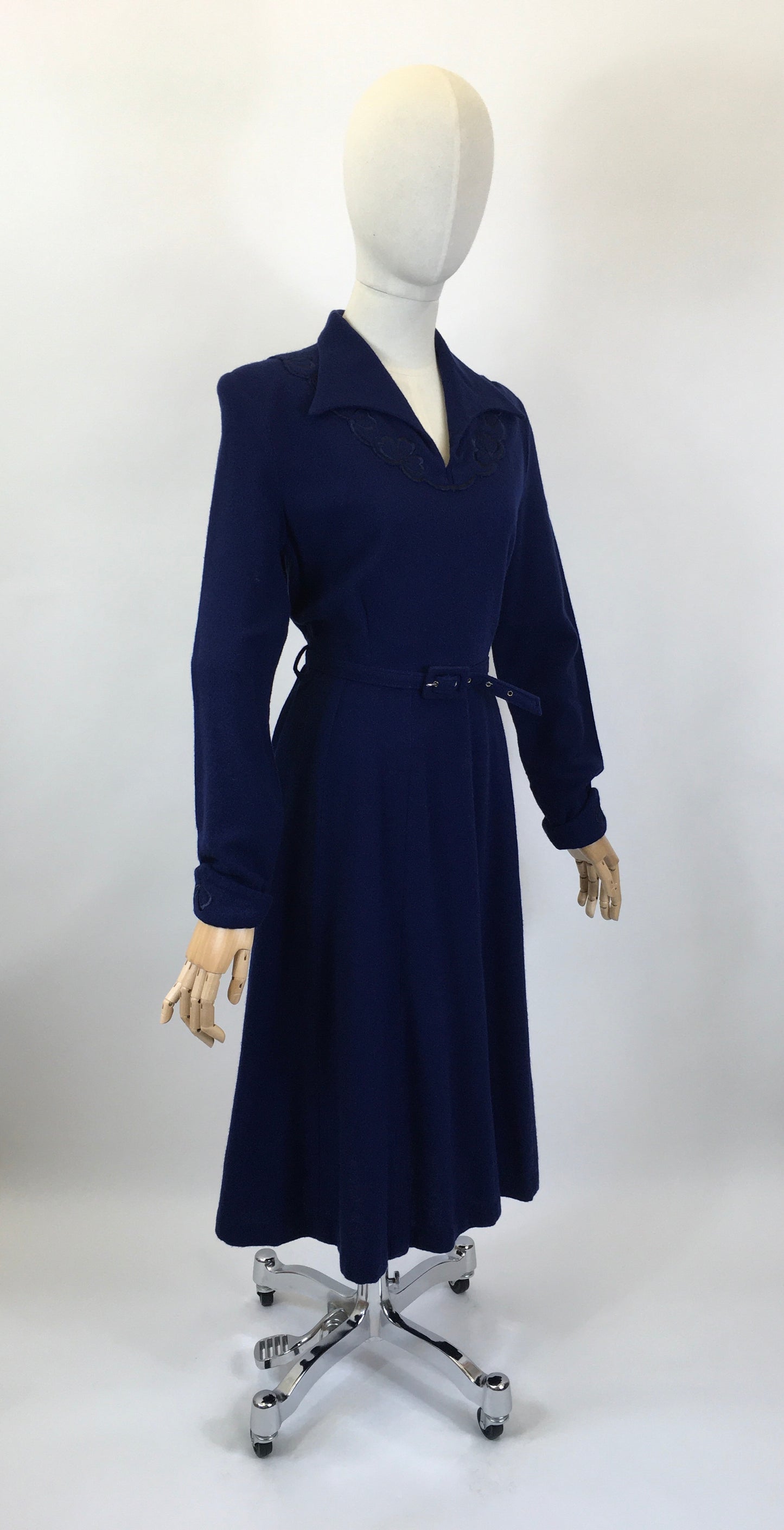 Original 1940's Sensational CC41 Utility Wool Dress - In A Royal Blue with Floral Embellishment