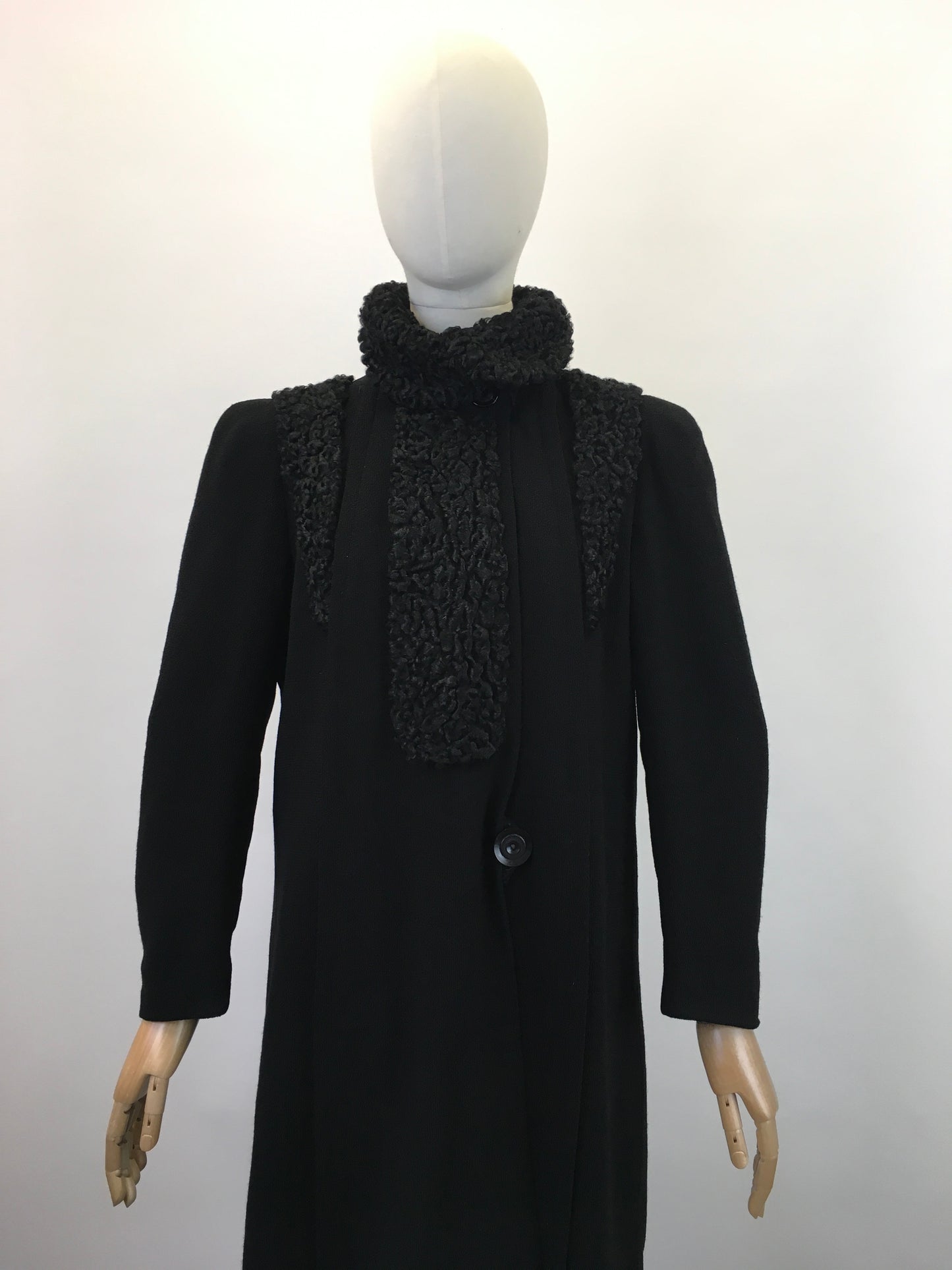 Original 1930's Sensational Black Coat - With Stunning Astrakhan Collar & Yokes