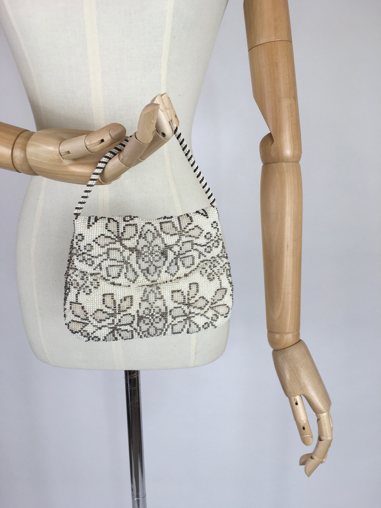 Original 1930s Beaded Evening Bag - With hues of Pastel Blush Pinks, Cornflower Blues and soft Greens on White