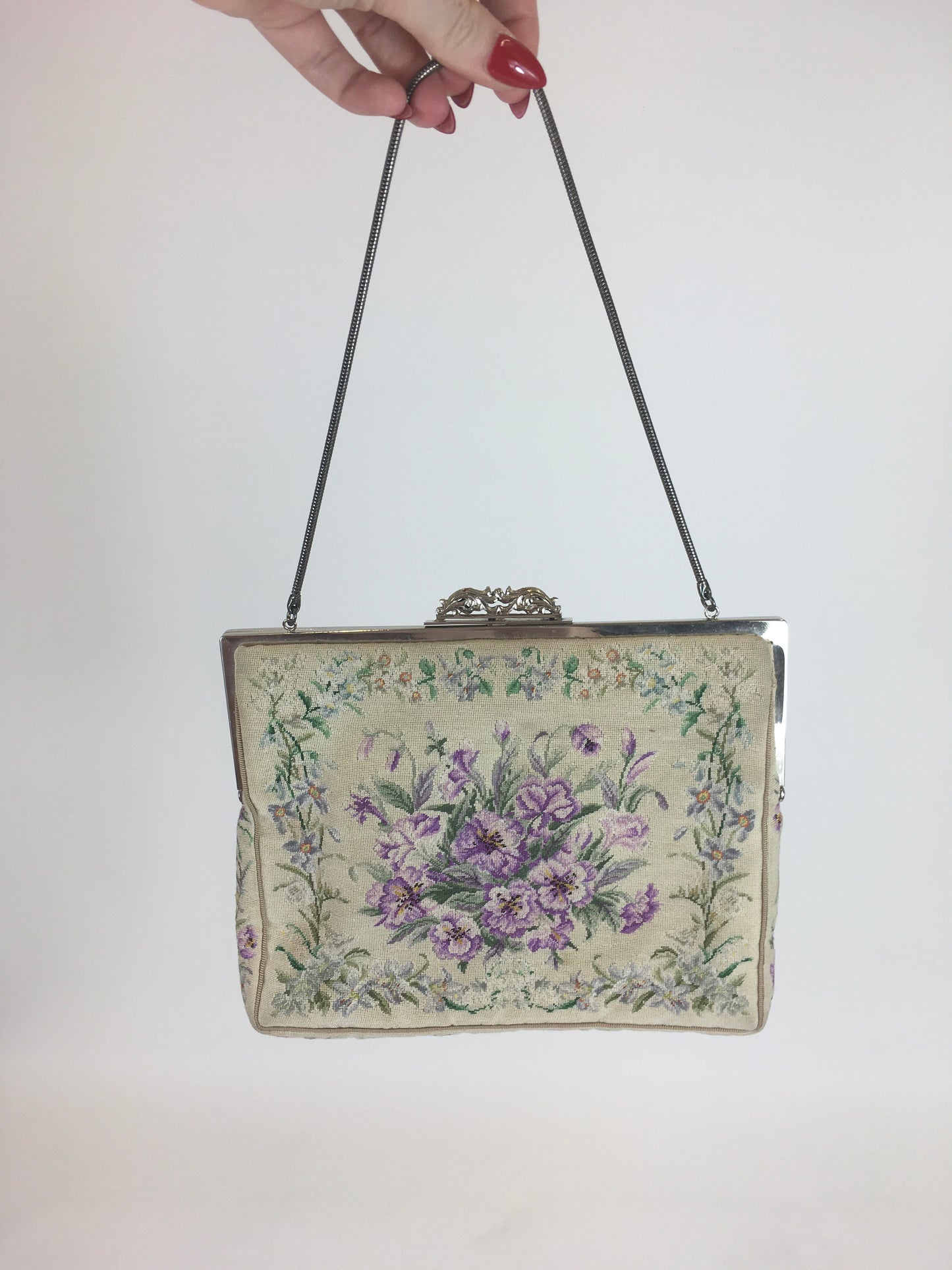 Original 1950’s Floral Tapestry Handbag - By ‘ Harrods’ in Violets, Lilacs and Greens