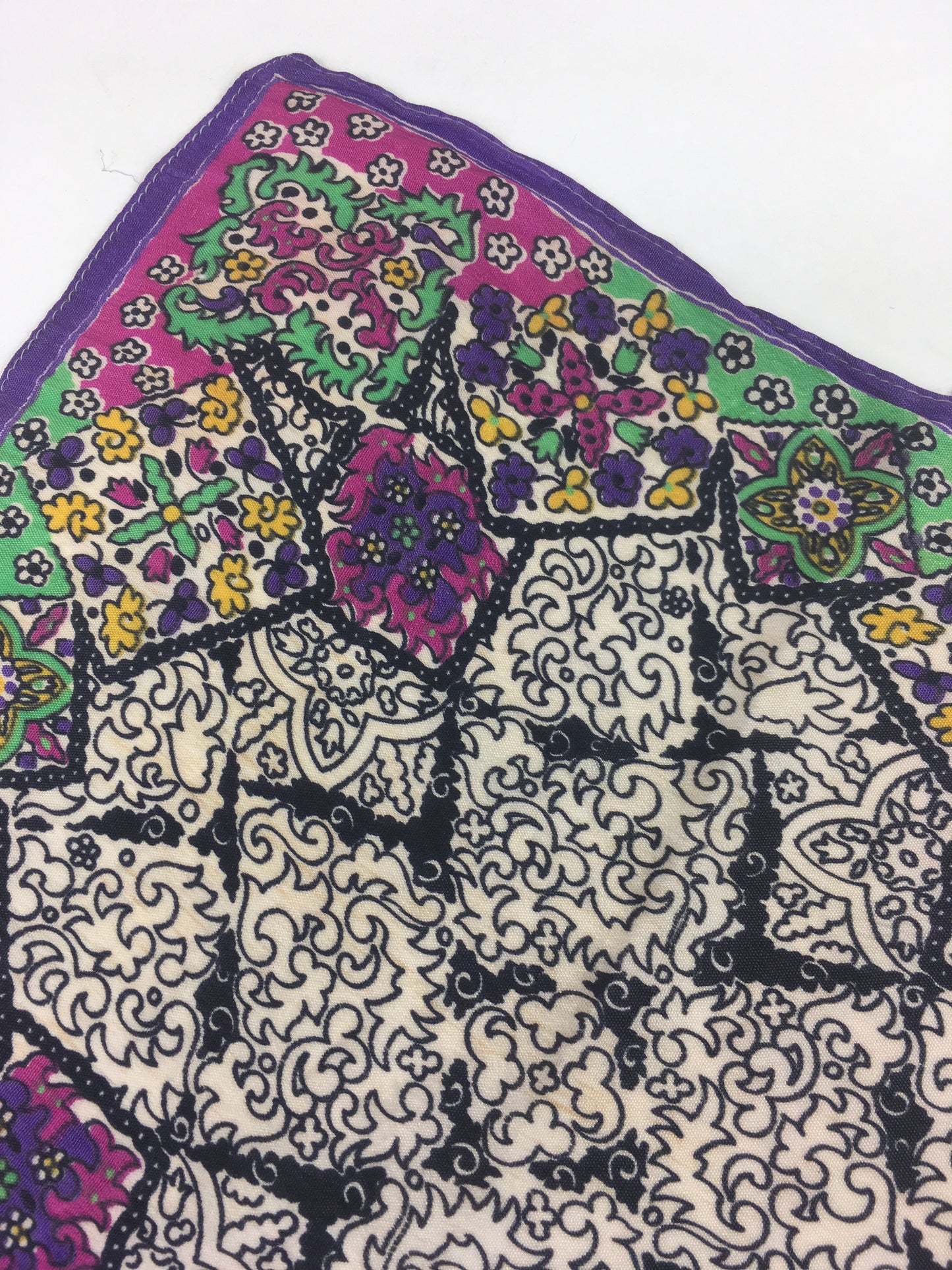 Original 1940’s Rayon Hankie - In Purple, Green, Black & Yellow