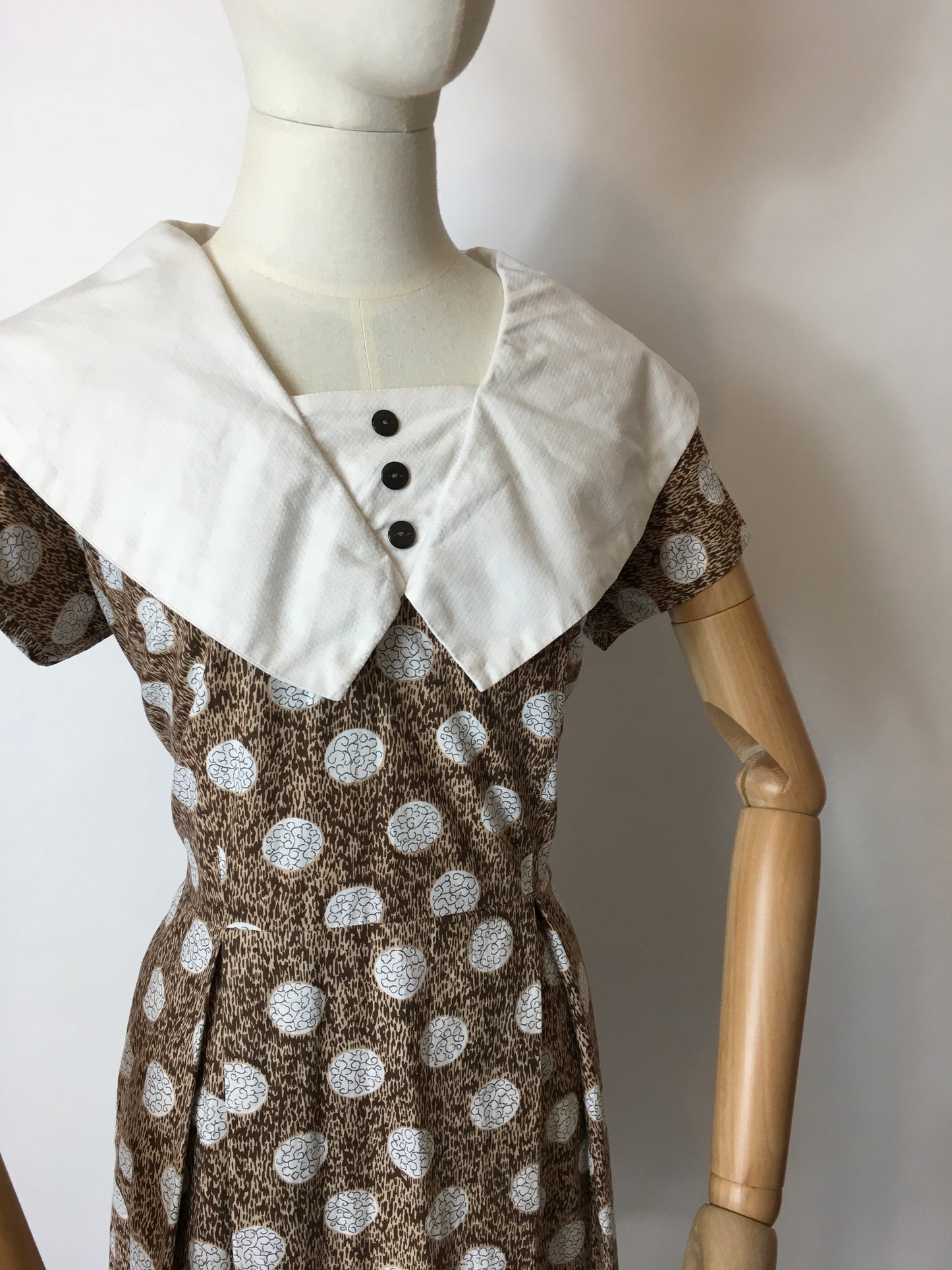 Original 1950s Cotton Day Dress - Lovely Geometric Print in Browns, Beiges and Whites