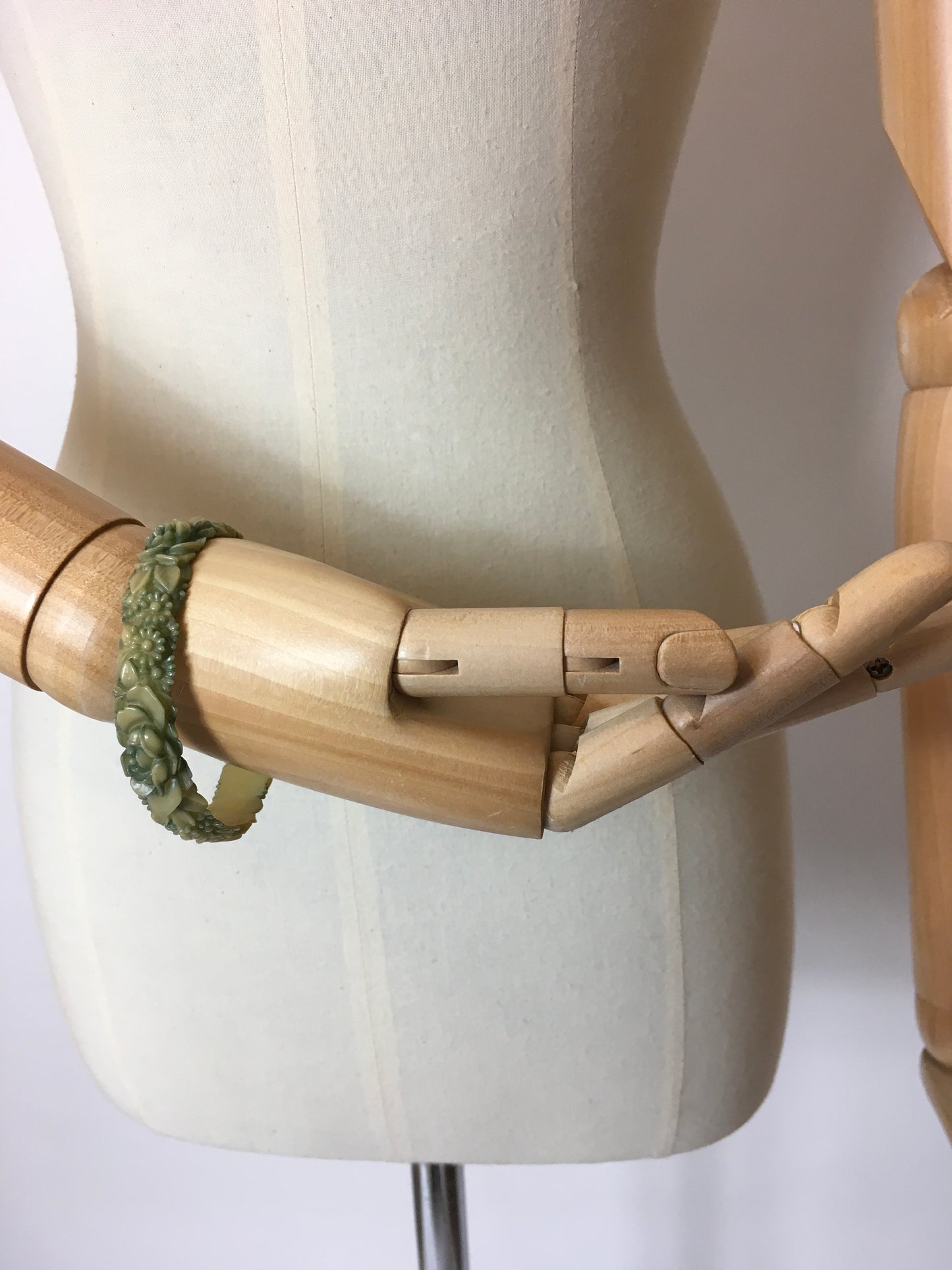 Original 1930’s Carved Floral Celluloid Bangle in Green / Cream - Festival of Vintage Fashion Show Exclusive