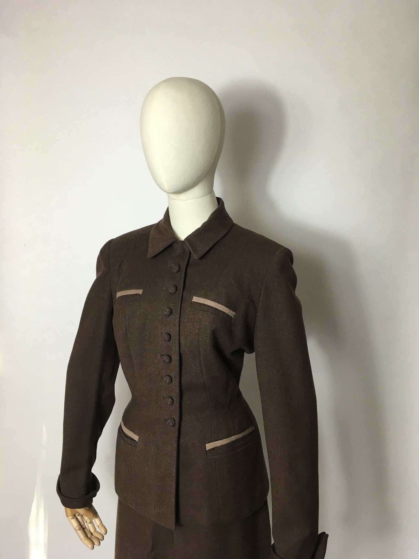 Original 1940’s 2pc Suit in A Lovely Brown Wool, Stunning Detailing and Seamwork