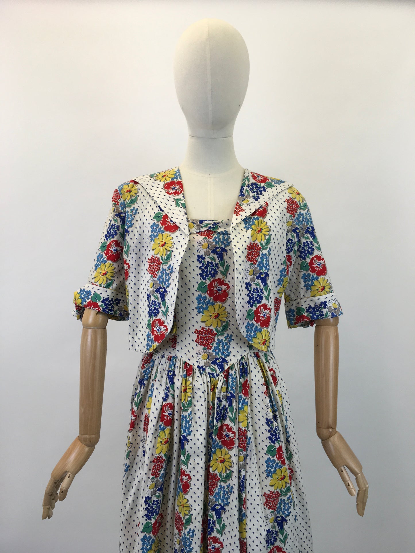Original Stunning 1940's Sundress & Bolero - In A Bright Summer Floral Print Cotton