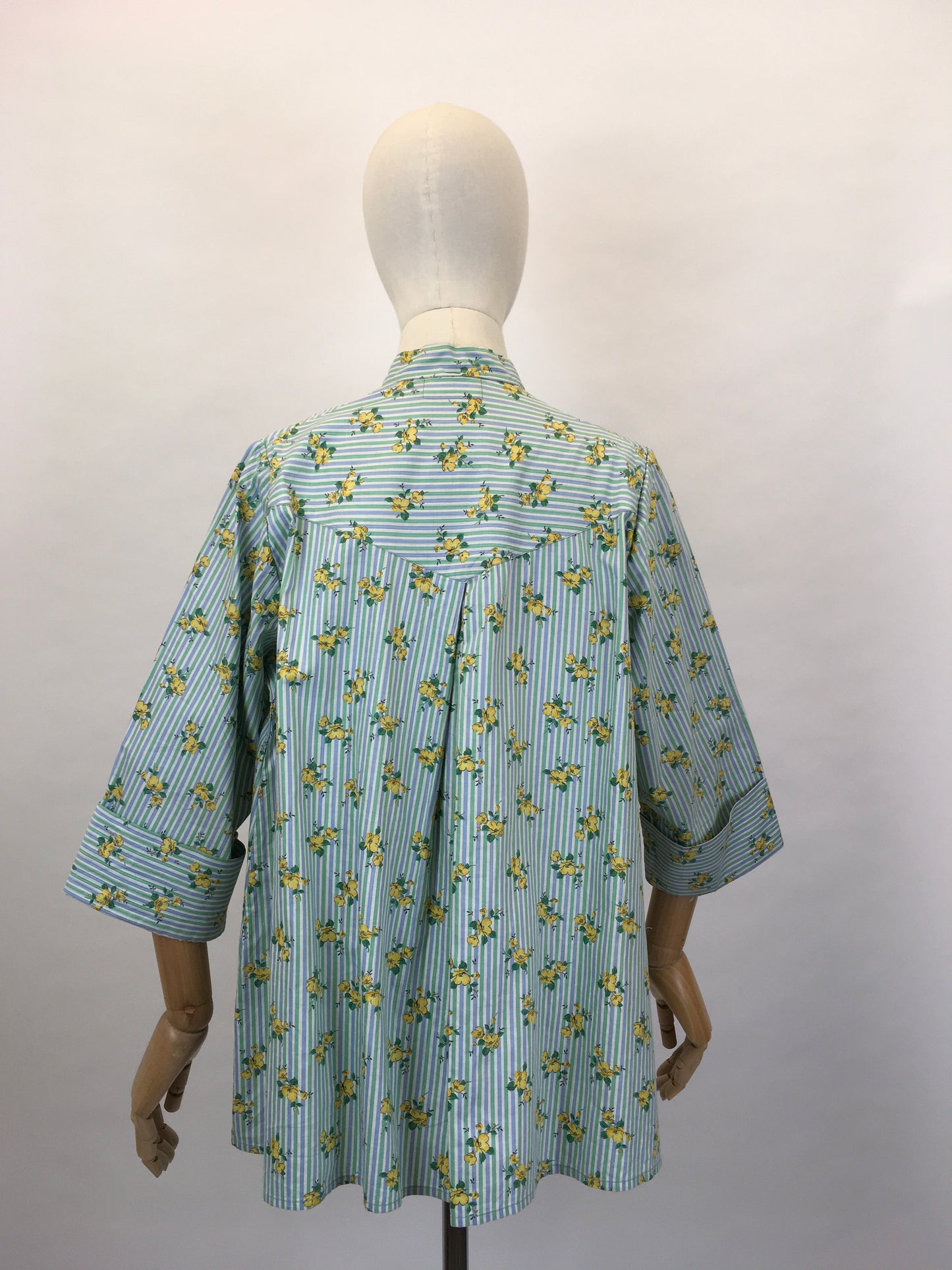Original 1950s Smock Made By ‘ Country Reg’d ‘ - In a Lovely Contrast Floral and Stripe in Soft Greens, Blues and Buttercup Yellows