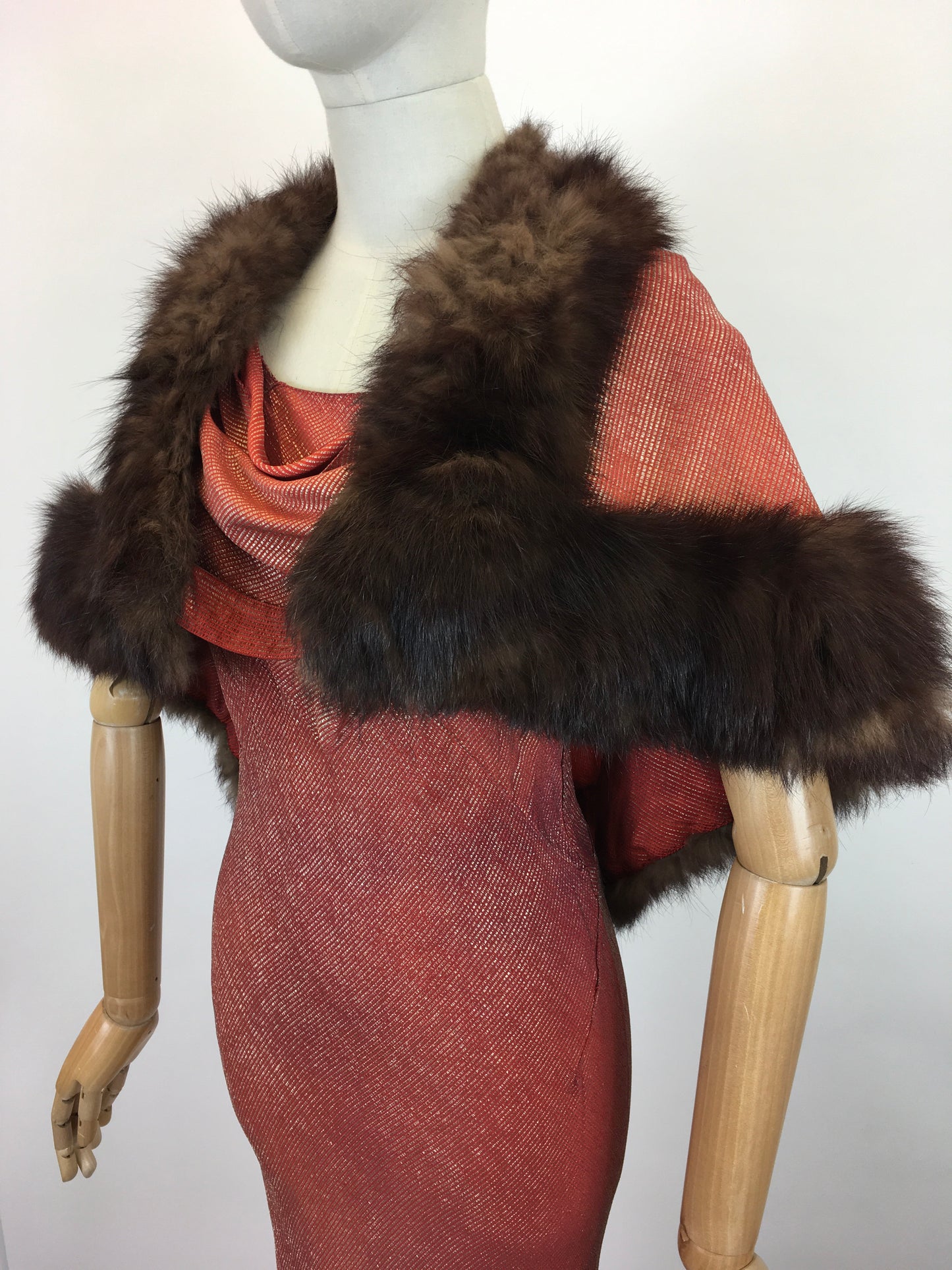 Original SENSATIONAL 1930's Evening Gown with Capelet - In Burnt Orange and Gold Lame with Rabbit Fur Trim