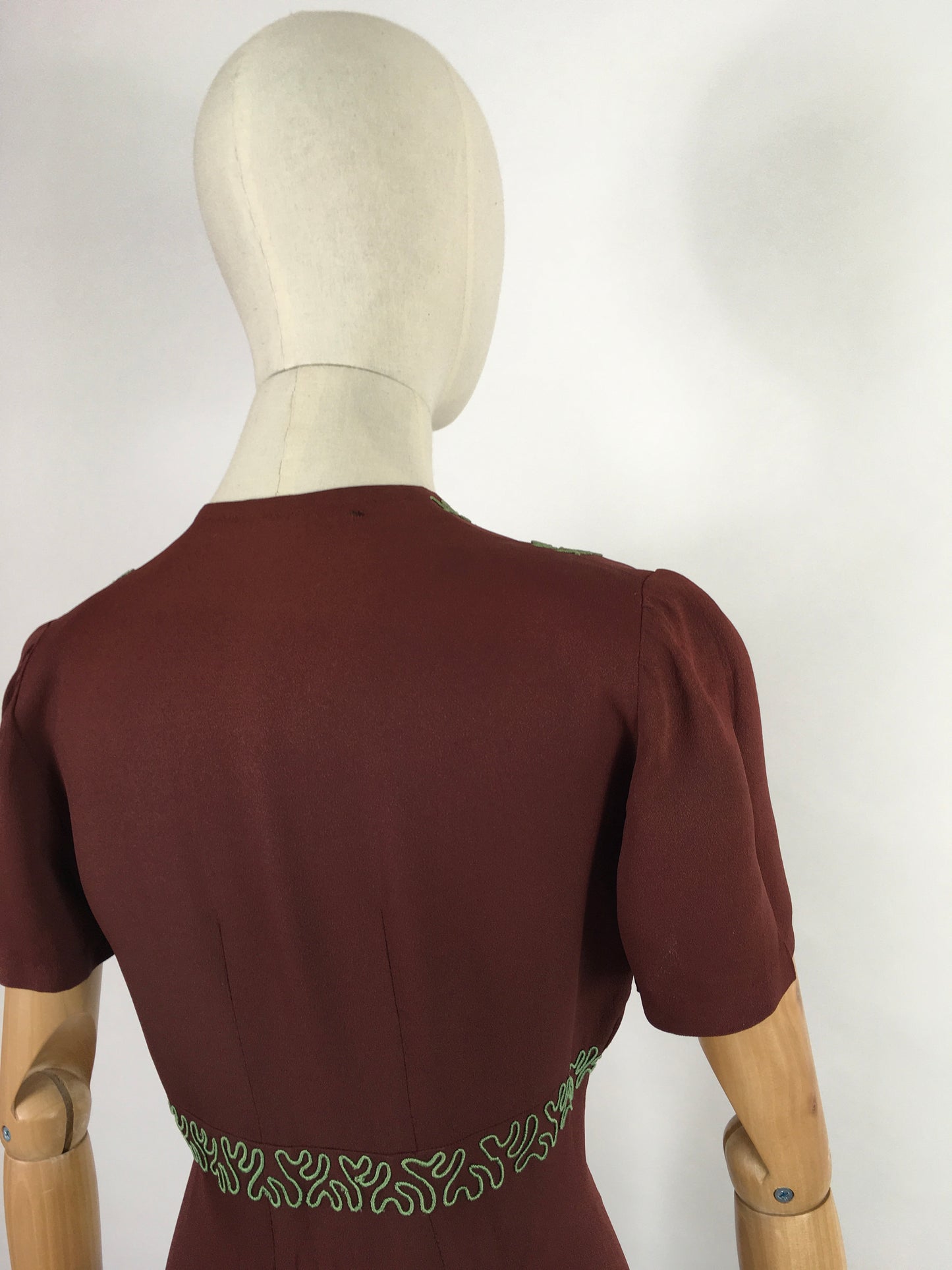 Original 1940’s Day Dress - In A Lovely Brown Crepe With Contrast Green Soutache Detailing