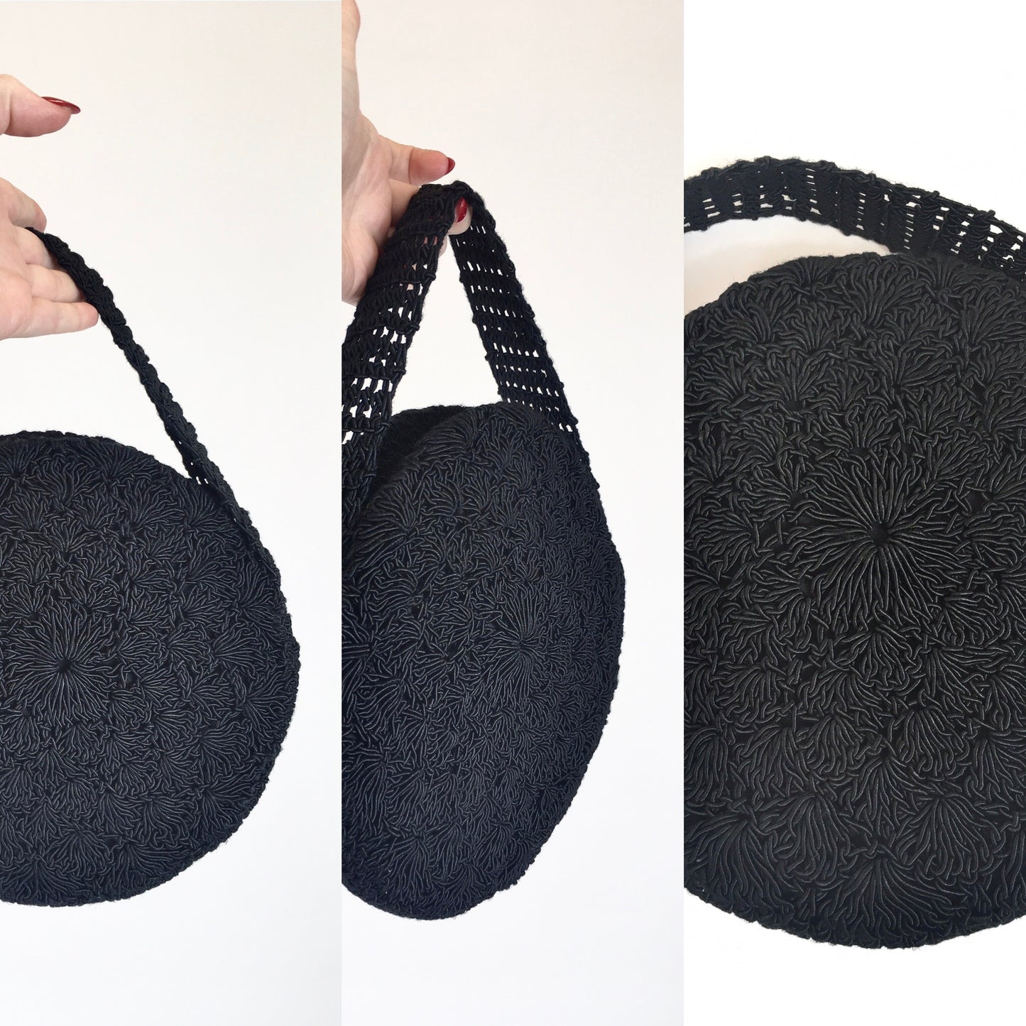 Original Late 1940's Circular Crochet Handbag - In Black