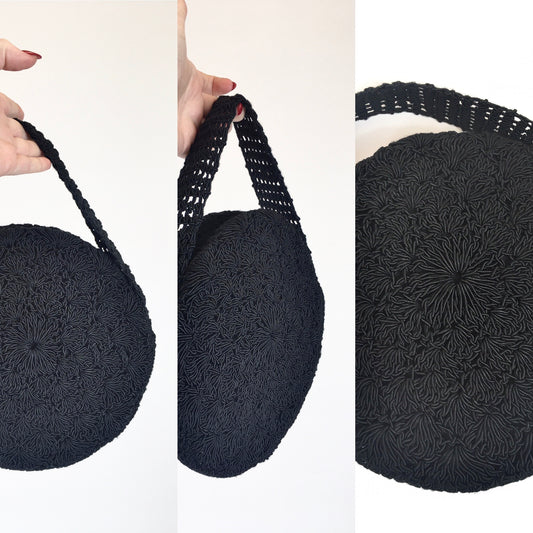 Original Late 1940's Circular Crochet Handbag - In Black