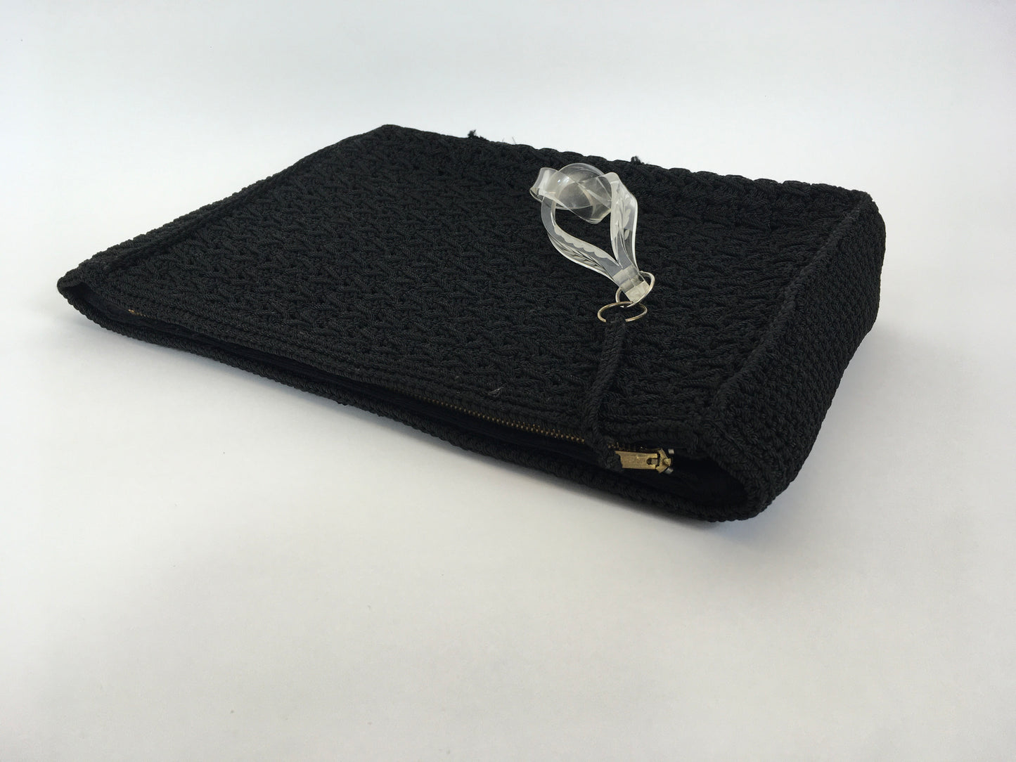 Original 1940’s Beautiful Crochet Clutch Bag in Black - With Large Lucite Pull