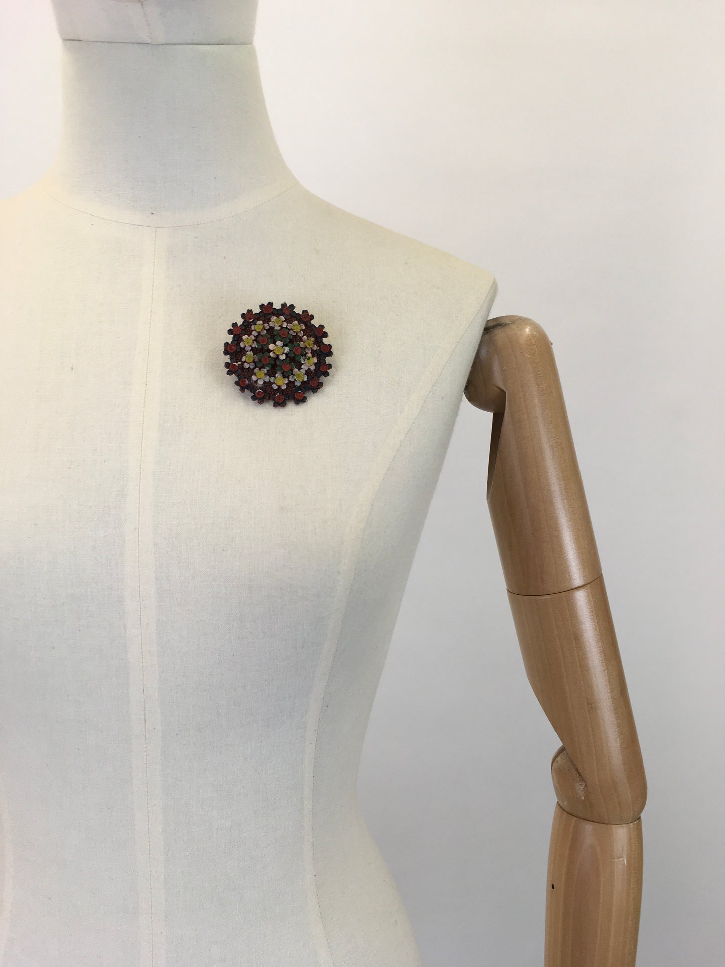 Original 1940's Exquisite Early Plastic Circular Brooch - In A Rainbow Floral Pallet