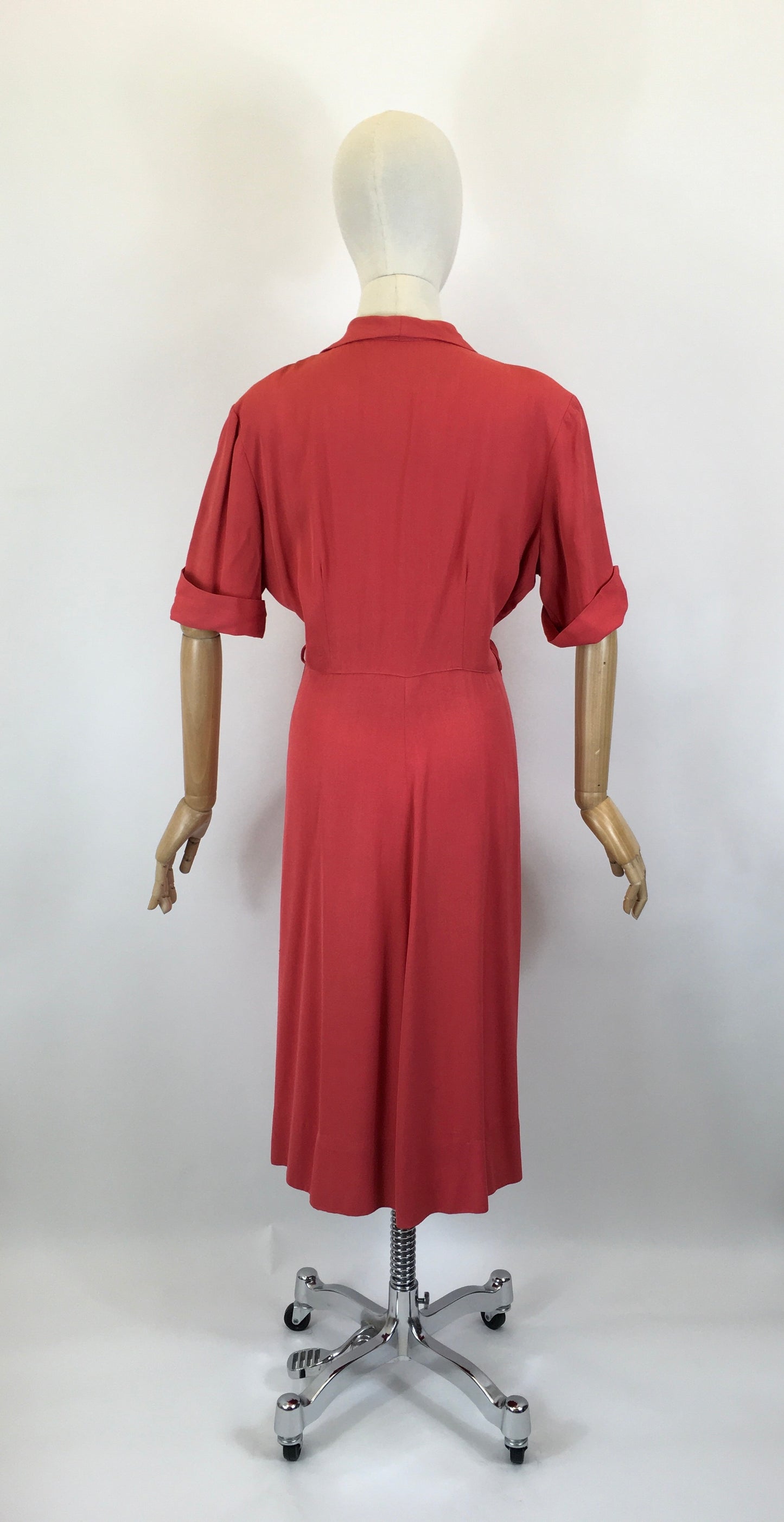 Original 1940’s Gaberdine Day Dress - In A Bright Lipstick Coral Colour