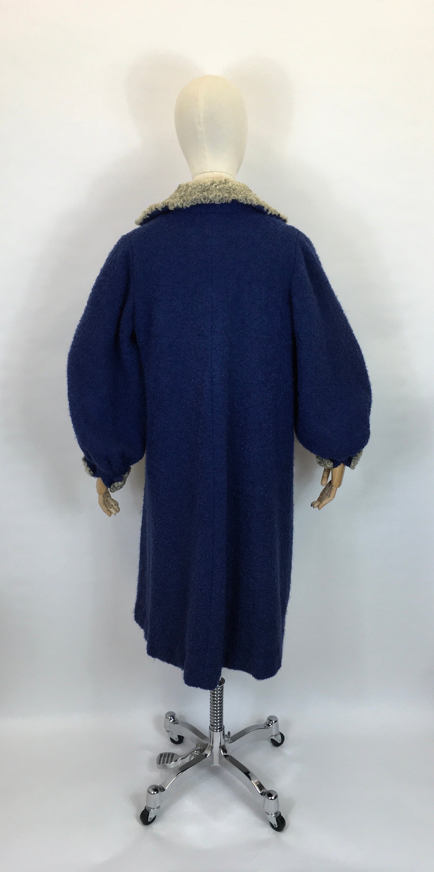 Original 1940’s Amazing Boucle Wool Coat with Astrakhan Trim - In a Royal Blue and Soft Grey