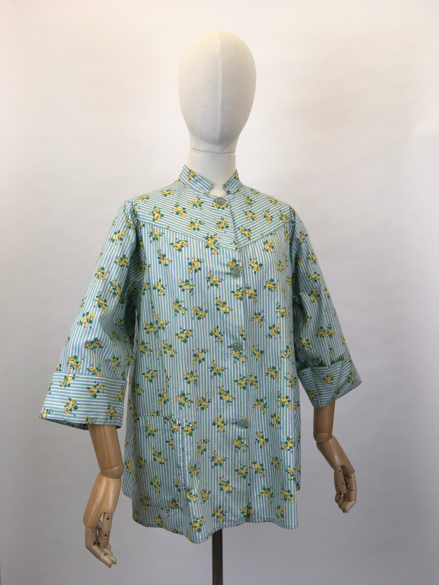 Original 1950s Smock Made By ‘ Country Reg’d ‘ - In a Lovely Contrast Floral and Stripe in Soft Greens, Blues and Buttercup Yellows