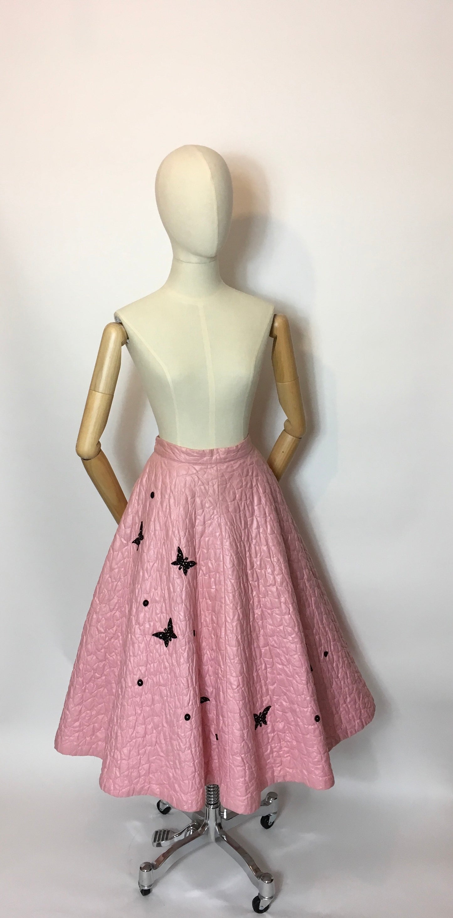 Original Darling 1950's quilted full circle skirt - In a Cute pink featuring black embelished Butterflies