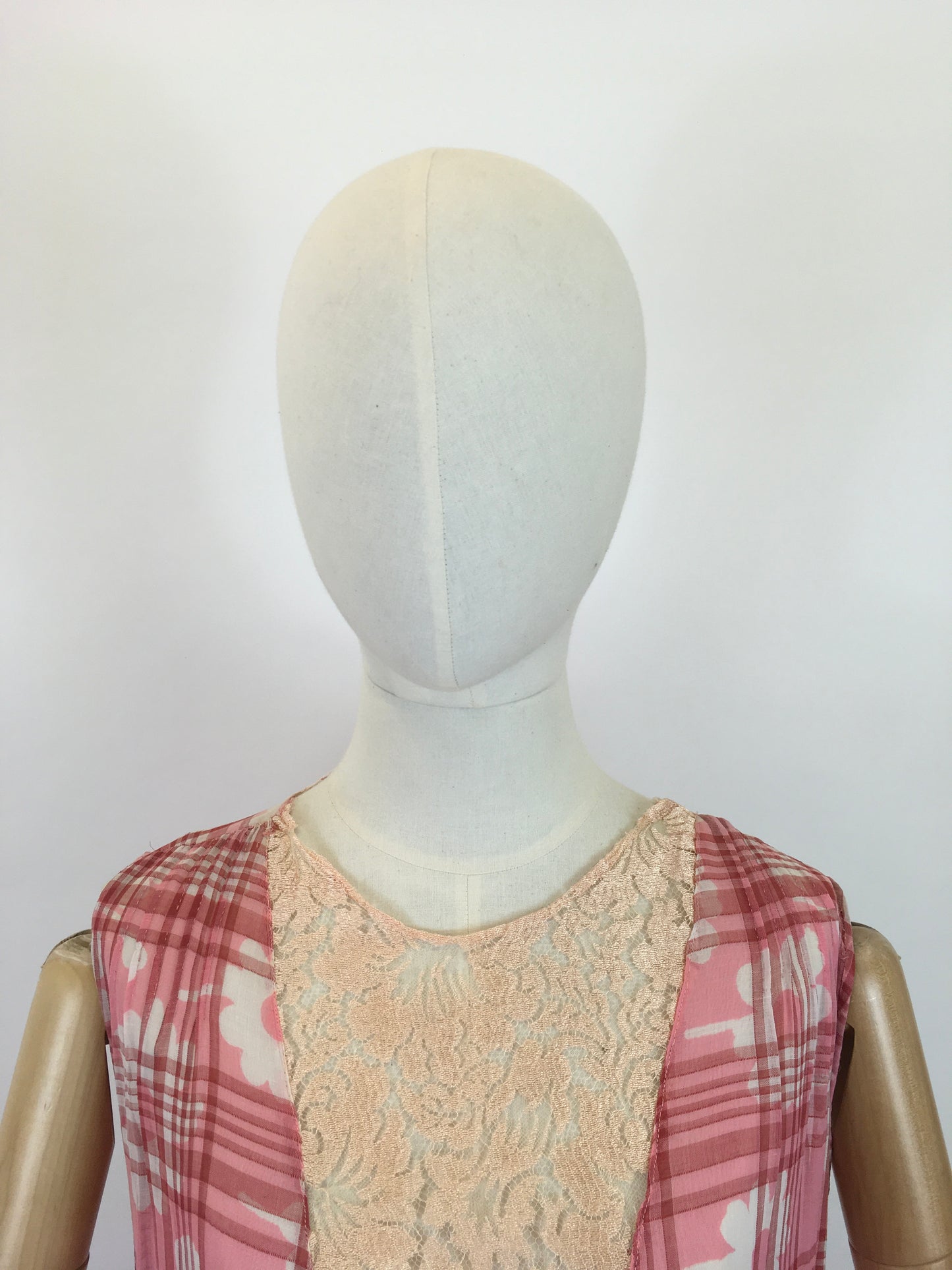 Original 1920's Darling Cotton Lawn Day Dress - In A Rose Pink Floral and Plaid Cloth