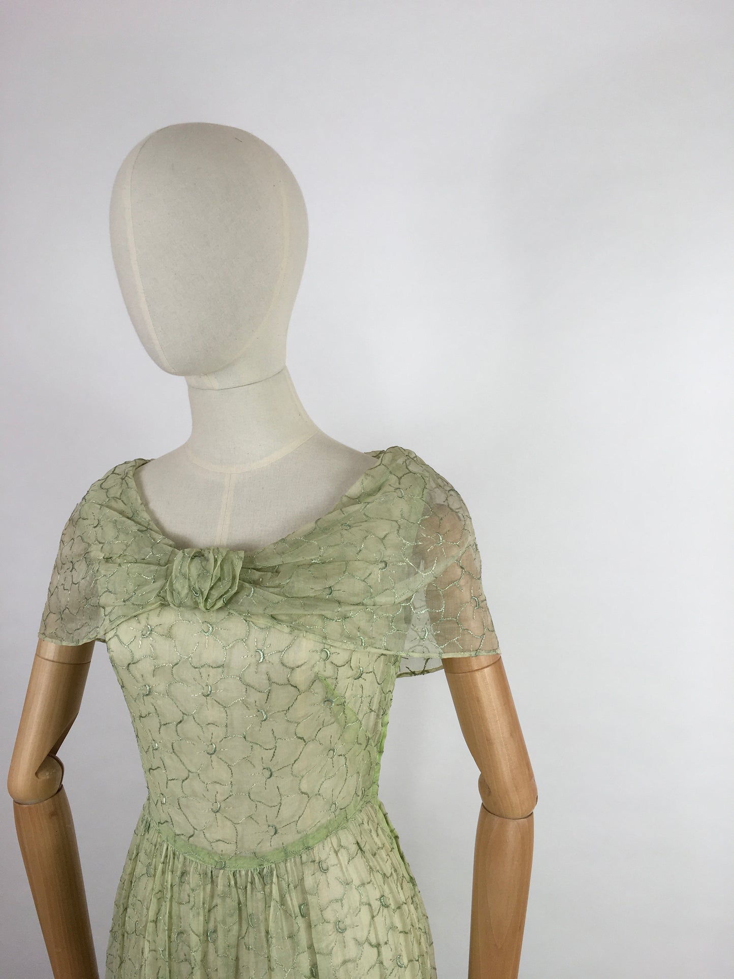 Original 1930s Full Length Summer Dress - In a Beautiful Soft Green Embroidered Cotton Lawn