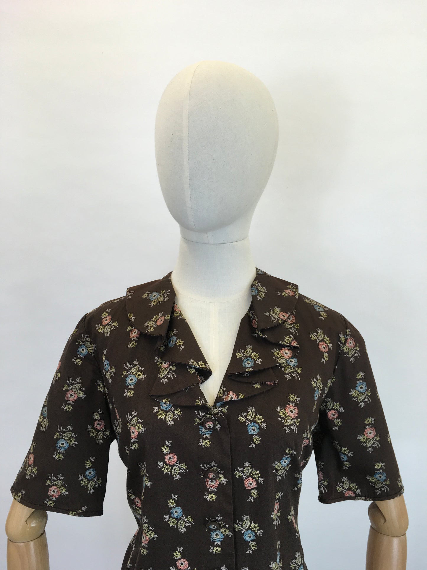 Original 1950’s Cute Floral Handmade Dress - Lovely Warm Brown, Terracotta, Blue and Greens