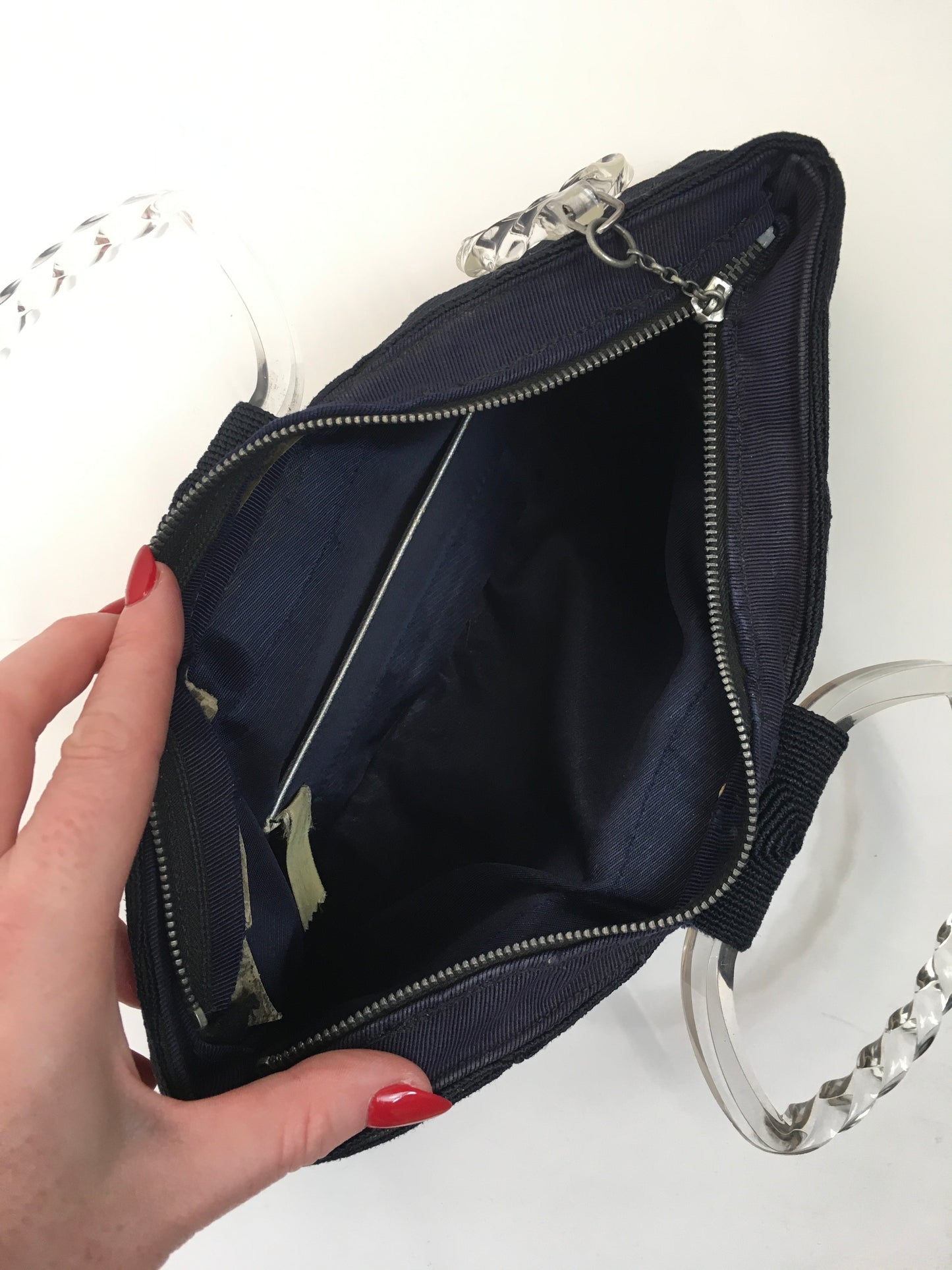Original 1940’s STUNNING Navy ‘ Corde’ Handbag - With Twisted Lucite Double Handle and Chunky Pull
