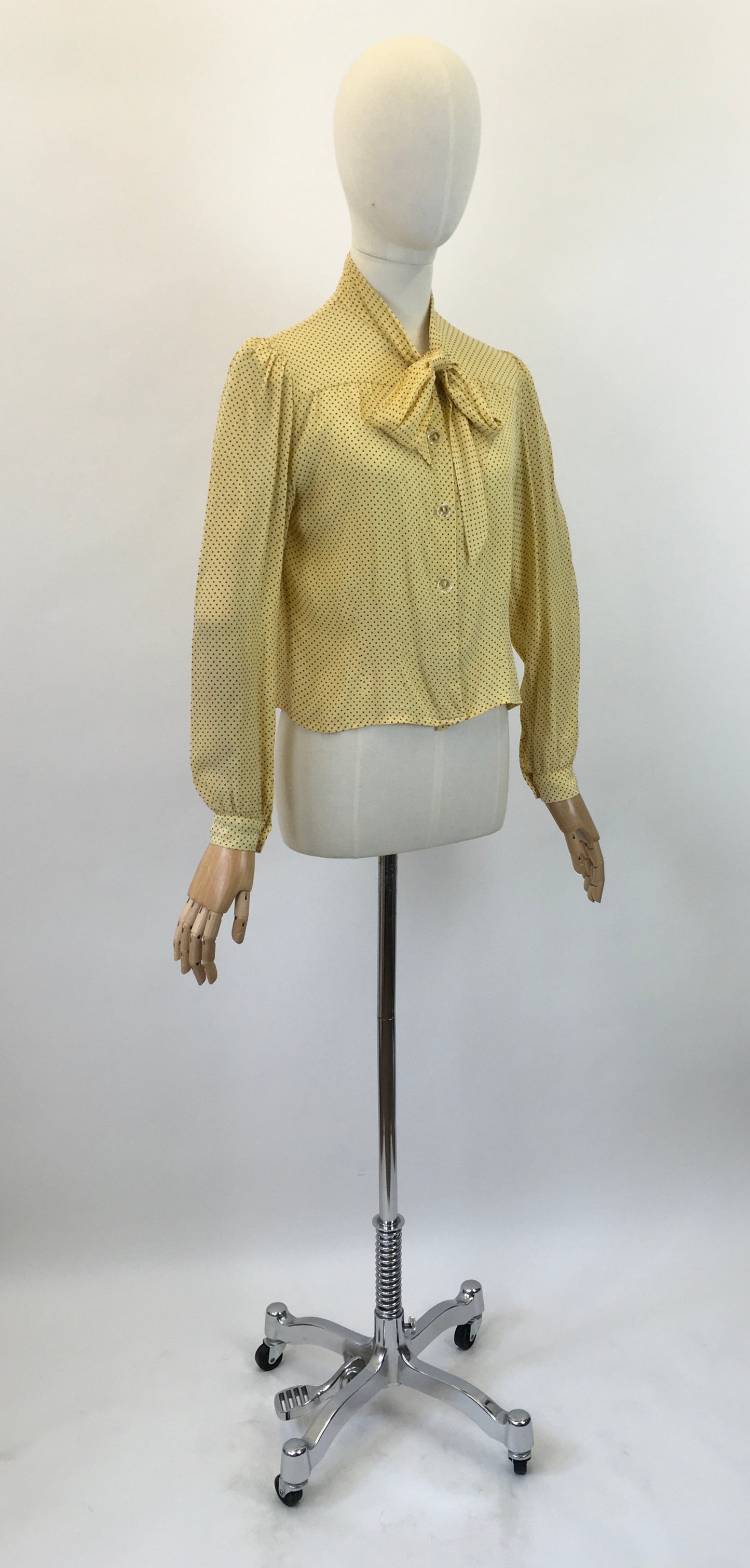 Original 1940's Darling Pussy Bow Blouse - In A Delightful Yellow Polka Dot Crepe