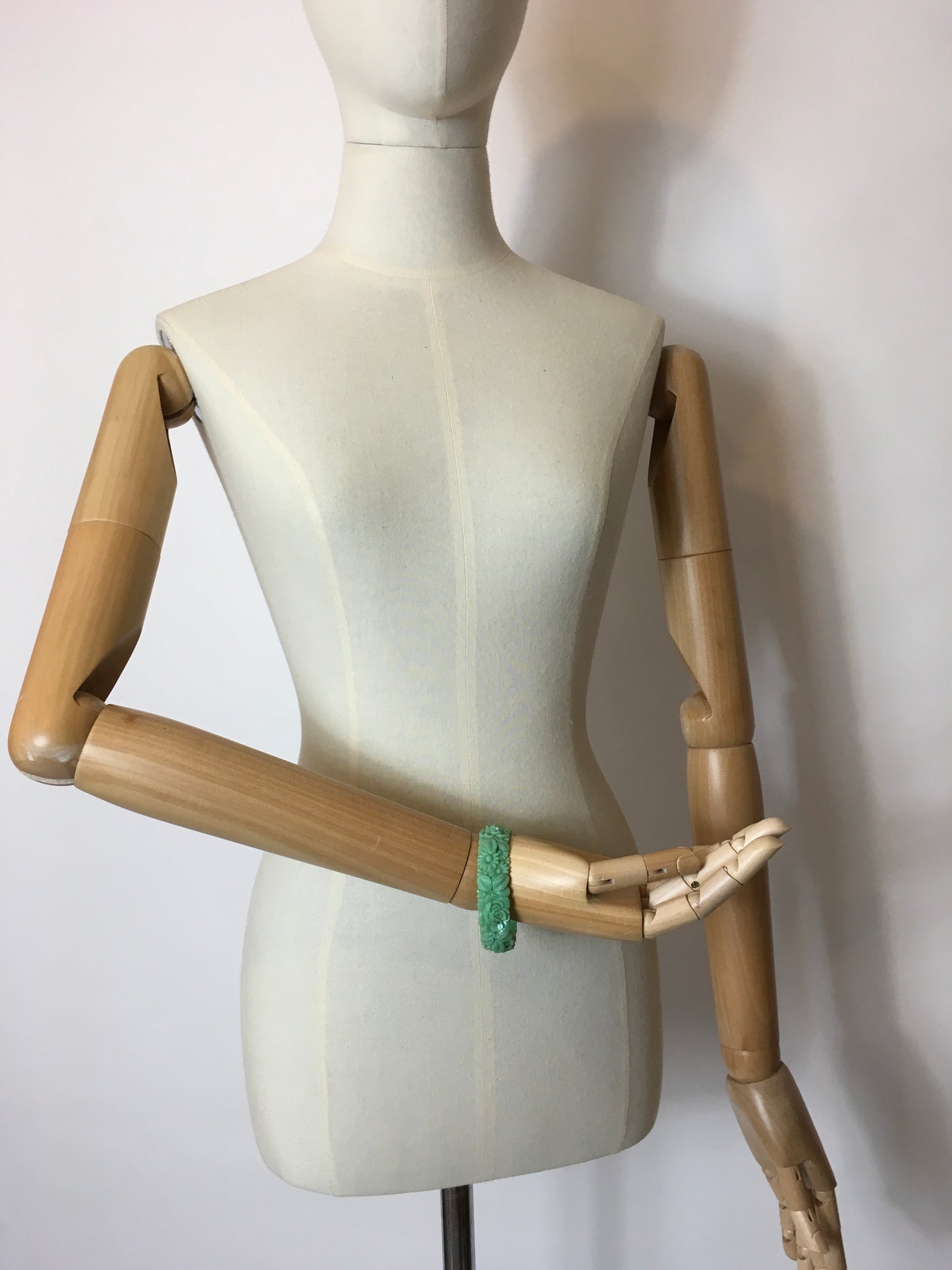 Original 1930’s Floral Carved Celluloid Bangle in Mint Green - Festival of Vintage Fashion Show Exclusive