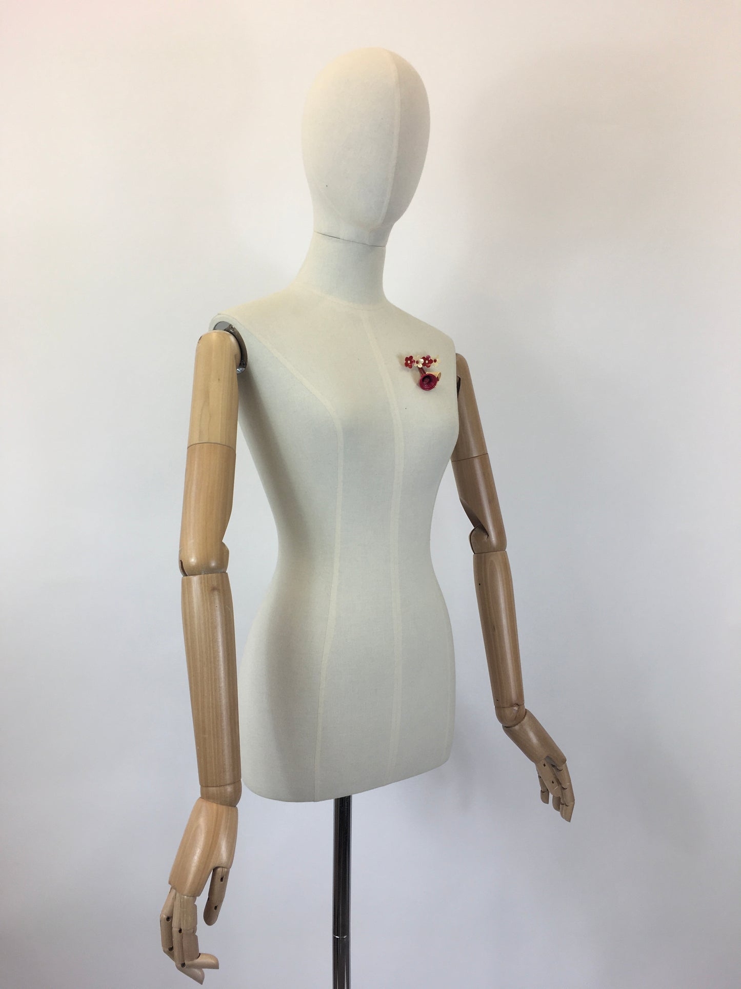 Original 1940's Celluloid Floral Bar Brooch - In Cream and Red with Dangling Bells