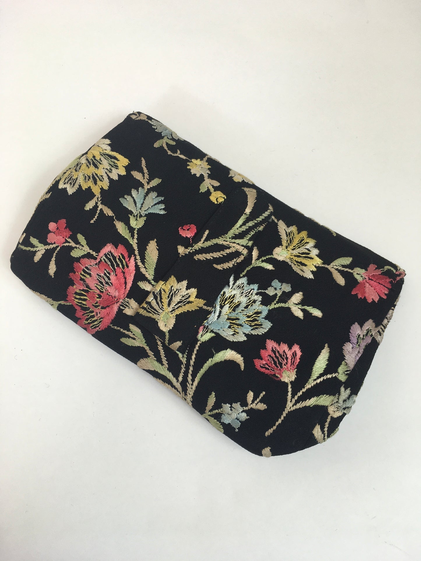 Original 1930's Exquisite Embroidered Crepe Clutch Handbag - In Black with Lilacs, Pinks, Pale Blues and Green
