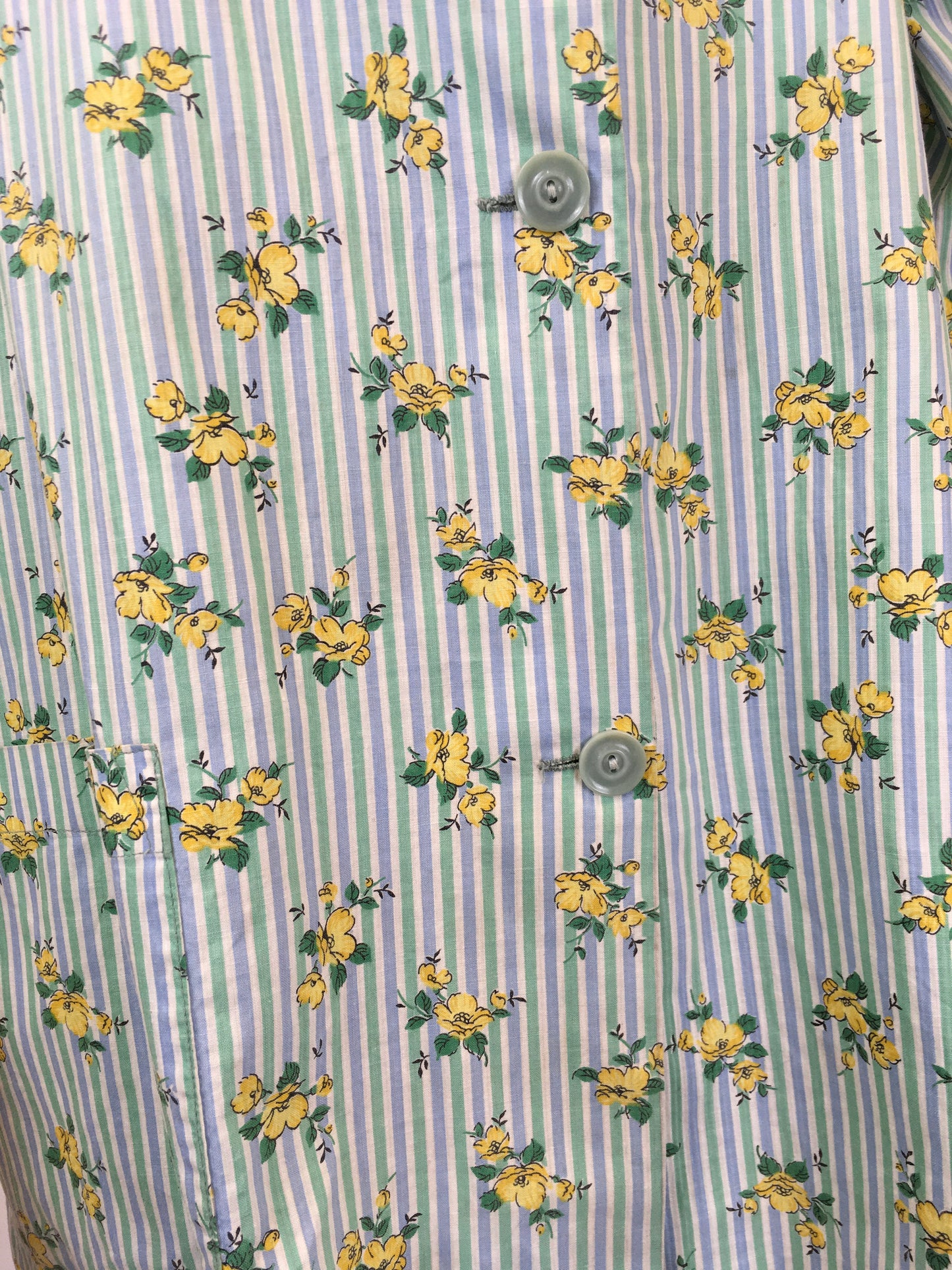 Original 1950s Smock Made By ‘ Country Reg’d ‘ - In a Lovely Contrast Floral and Stripe in Soft Greens, Blues and Buttercup Yellows