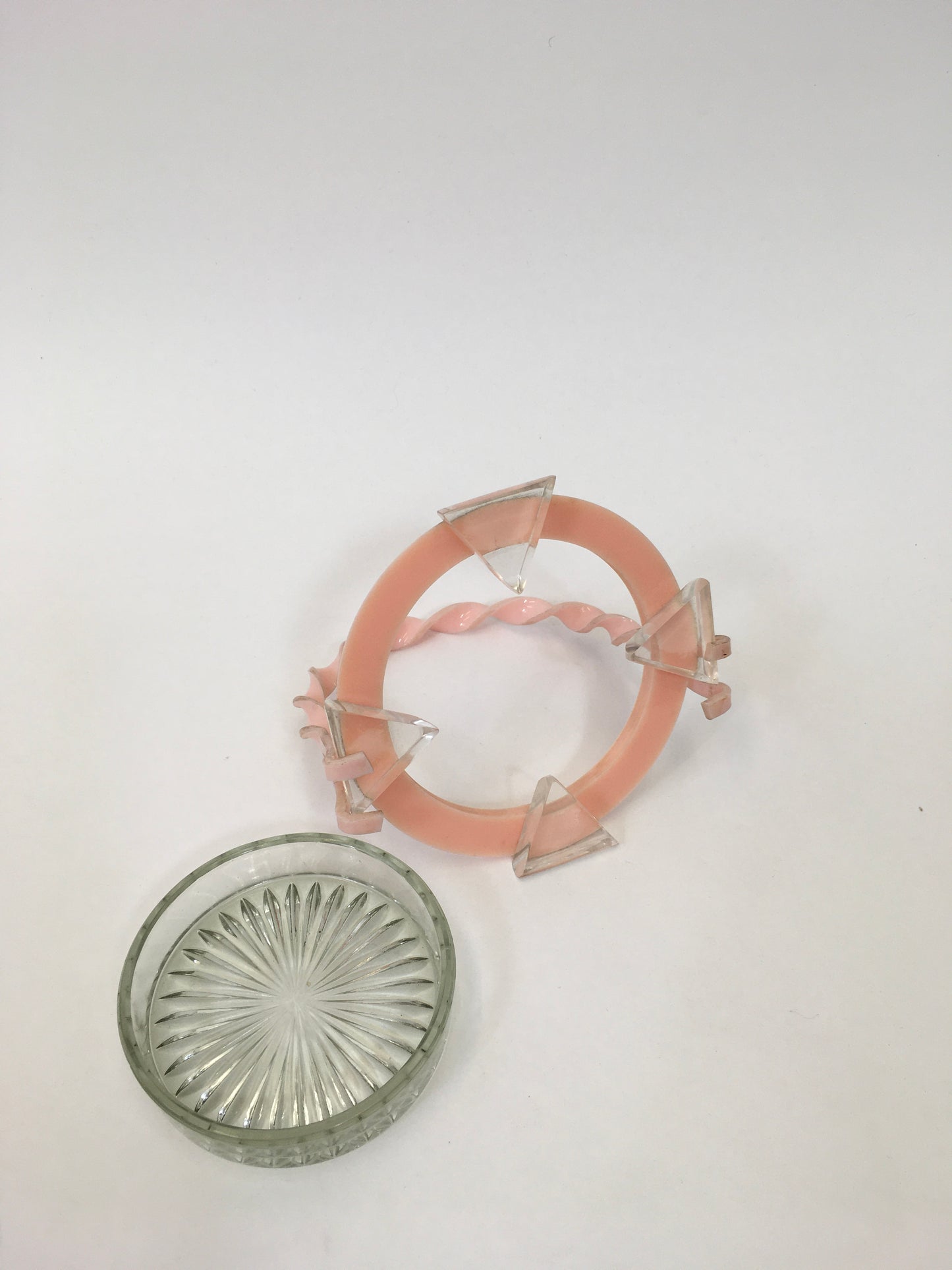 Original 1940's / 1950's Fabulous Lucite and Glass Trinket Dish - With Twisted Handle in Pastel Pink
