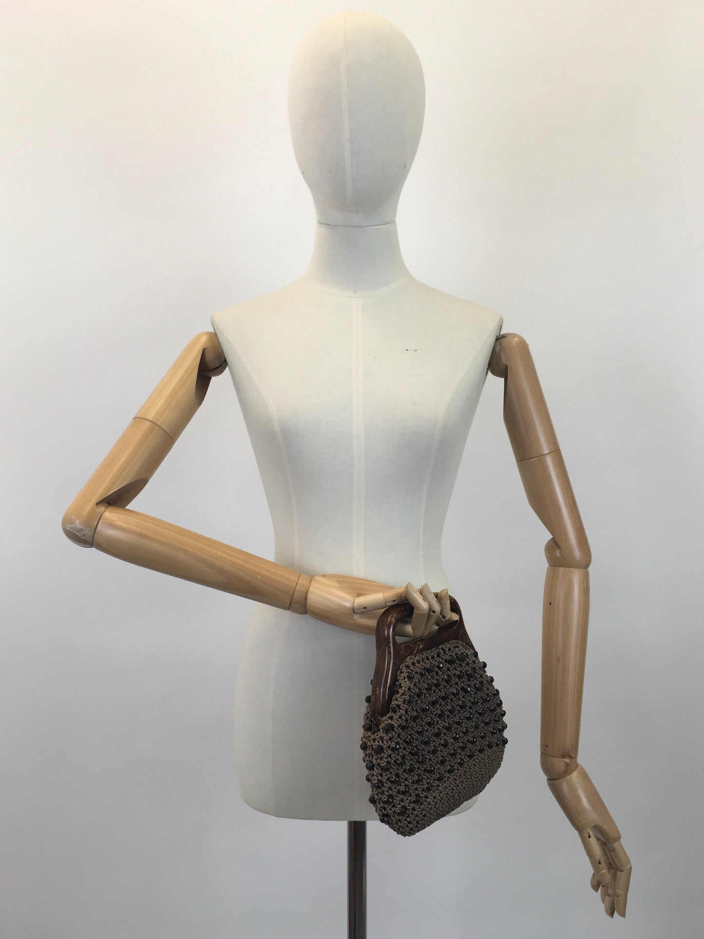Original 1950's Fabulous Crochet Handbag - With Early Plastic Marbled Handle and Beadwork