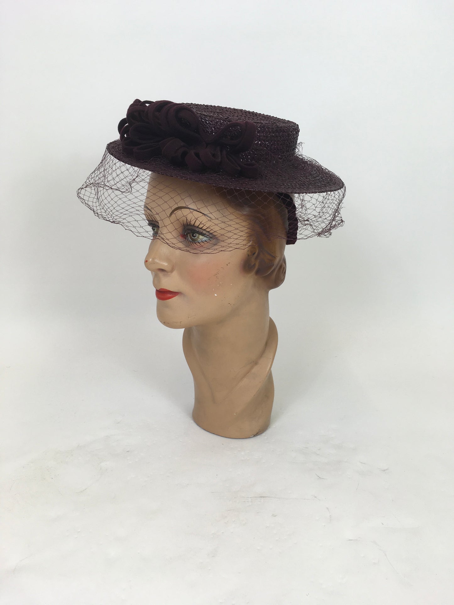 Original 1940's Darling Raffia Tilt Hat with Felt Adornment & Veiling - In Winter Berry