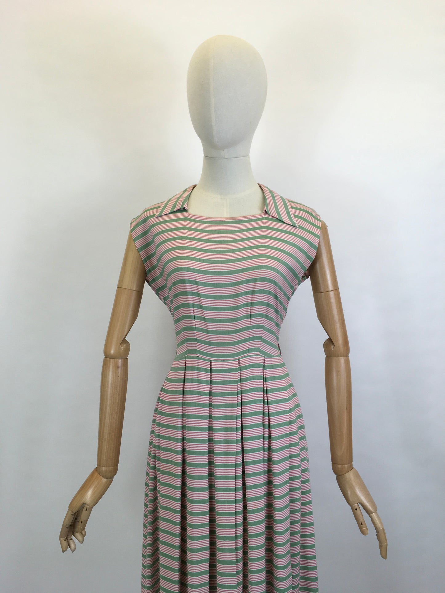 Original Late 1940’s Early 1950’s Cute Cotton Day Dress - In A Soft Cotton Stripe in Sage Green & Powdered Rose