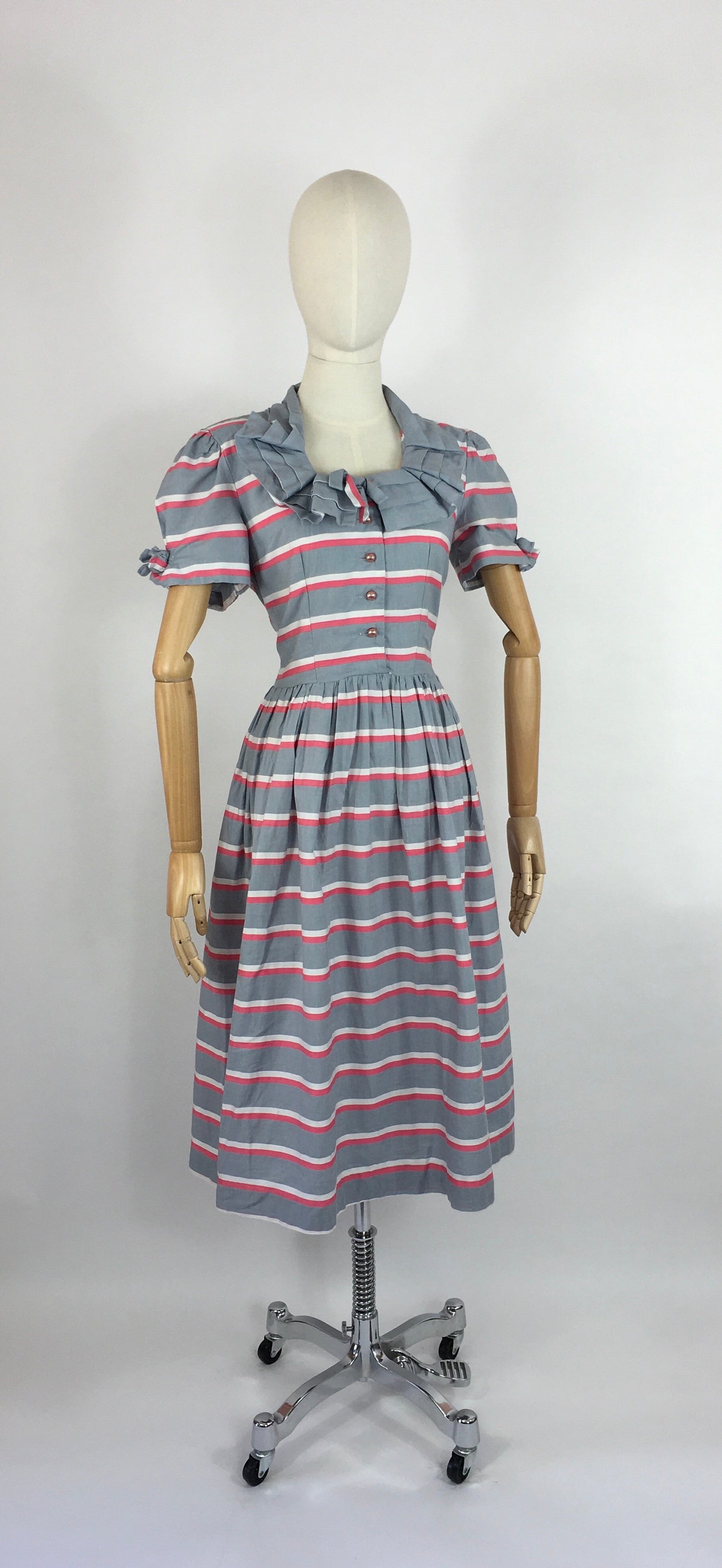 Original Early 1940s Cotton Day Dress - Lovely Stripe In Soft Greys, Bright Pinks and White